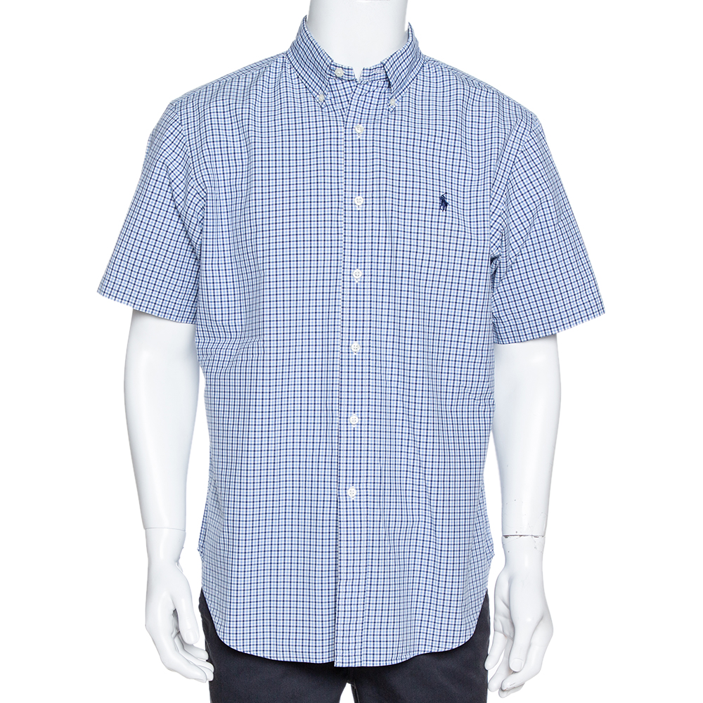 Image of Ralph Lauren Blue Checked Cotton Short Sleeve Shirt L