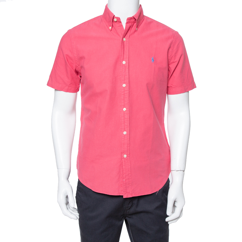 Image of Ralph Lauren Coral Pink Cotton Short Sleeve Slim Fit Shirt M