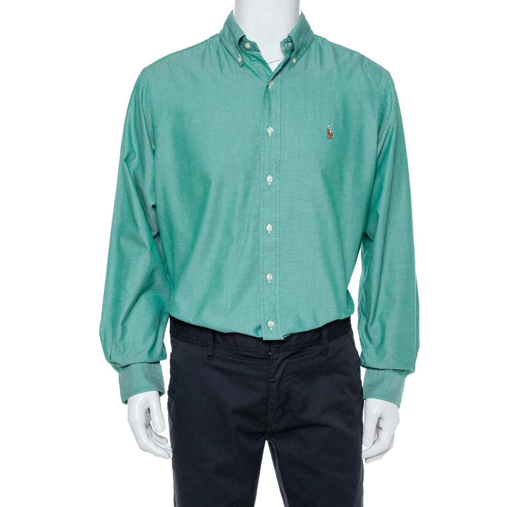 Image of Ralph Lauren Green Chambray Cotton Classic Fit Shirt XL