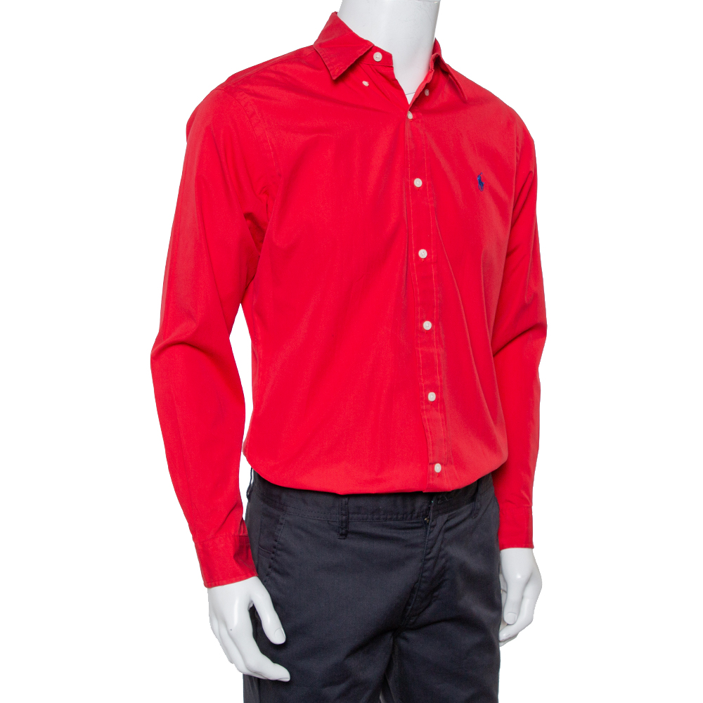 Ralph Lauren Red Cotton Button Front Classic Fit Shirt S