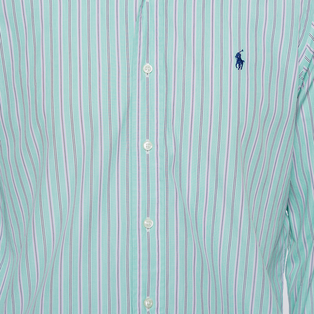 Ralph Lauren Green Striped Cotton Button Front Custom Fit Shirt M