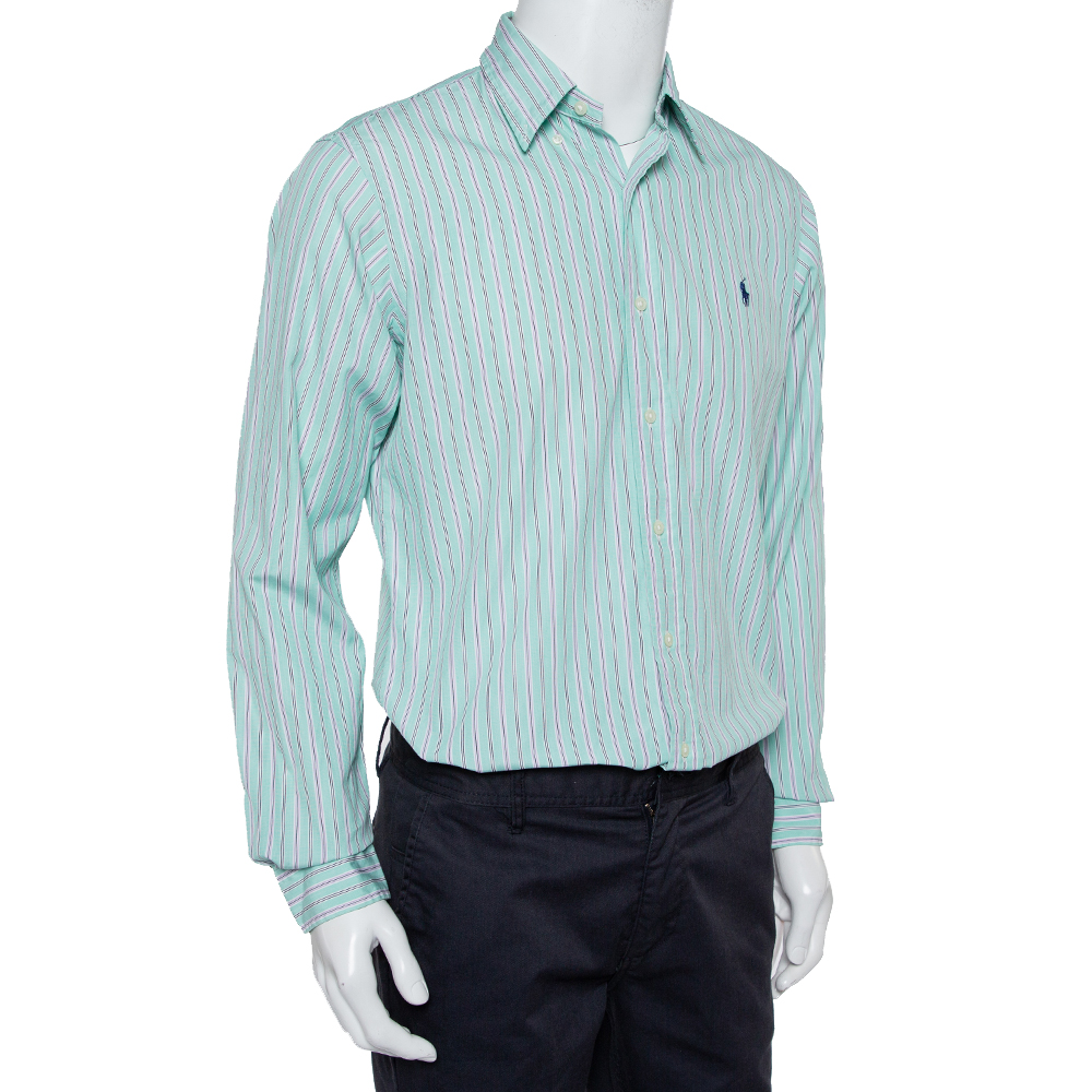 Ralph Lauren Green Striped Cotton Button Front Custom Fit Shirt M