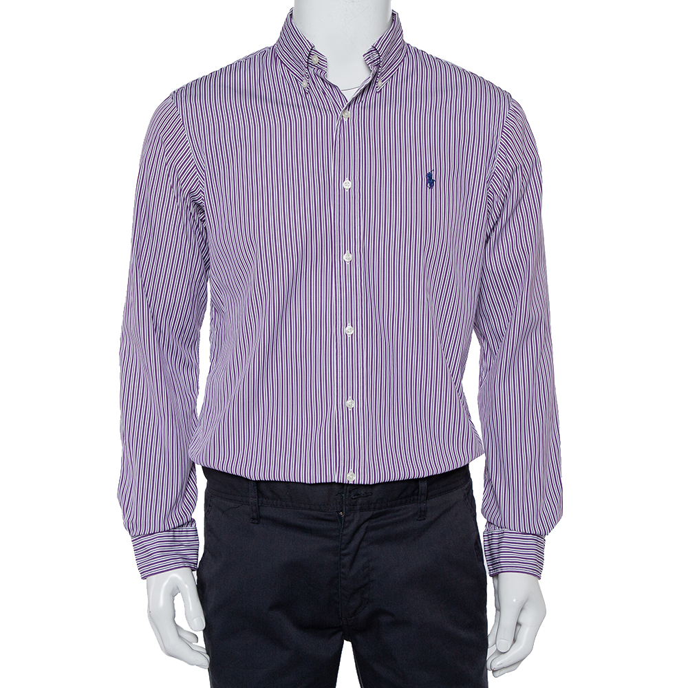 Ralph Lauren Purple Striped Cotton Button Front Custom Fit Shirt M