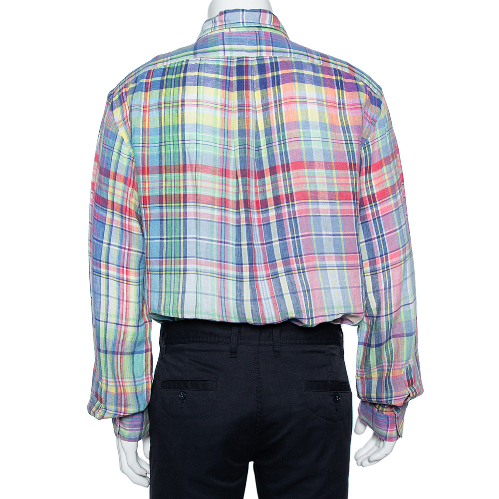 Ralph Lauren Multicolor Checkered Ocean Wash Linen Slim Fit Shirt XXL