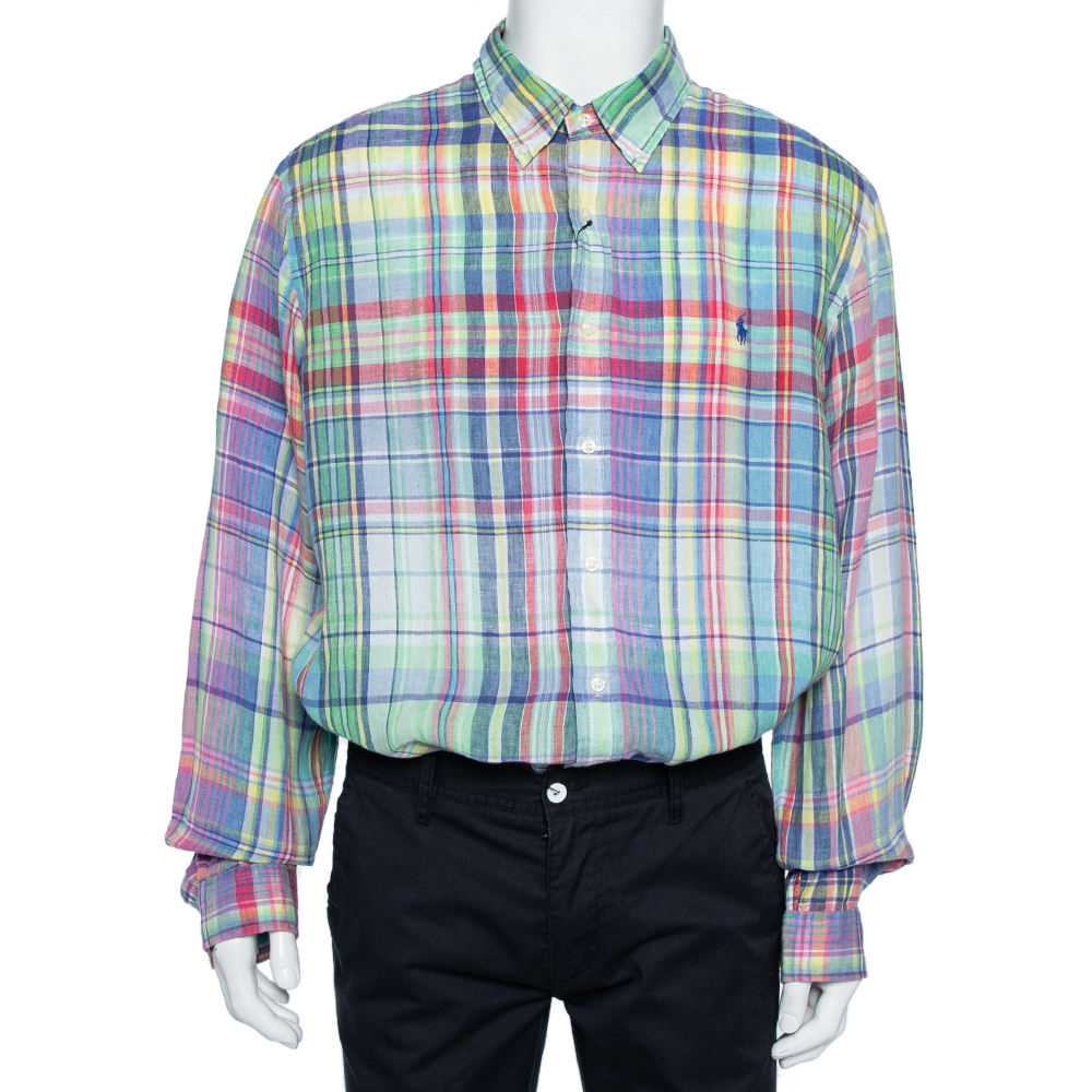 Ralph Lauren Multicolor Checkered Ocean Wash Linen Slim Fit Shirt XXL