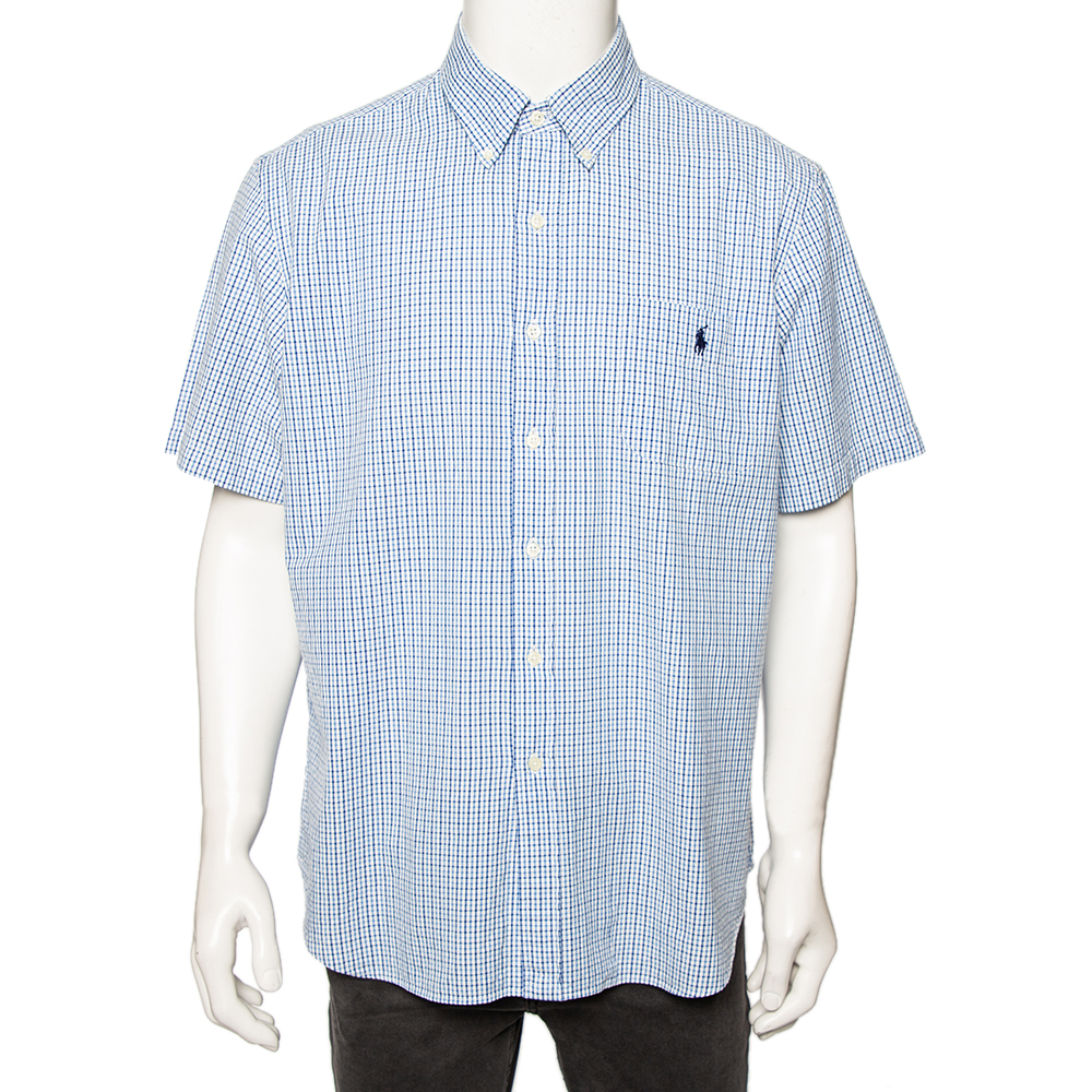 Ralph Lauren Blue Checkered Cotton Button Front Short Sleeve Shirt XL