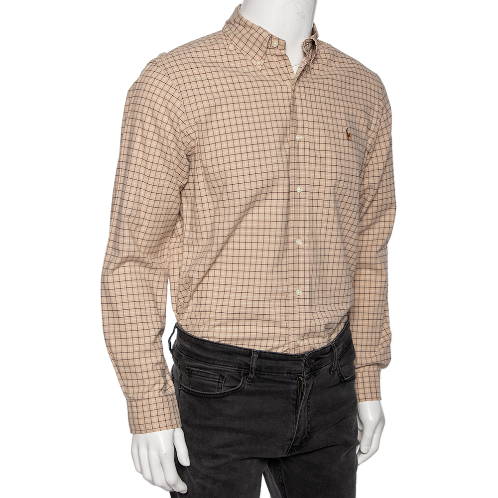 Ralph Lauren Beige Checked Cotton Button Front Custom Fit Shirt M