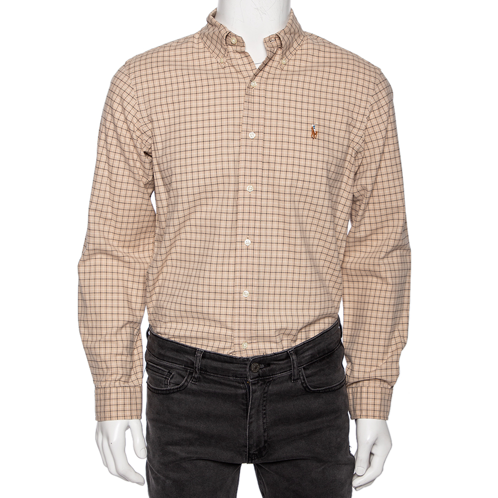 Ralph Lauren Beige Checked Cotton Button Front Custom Fit Shirt M
