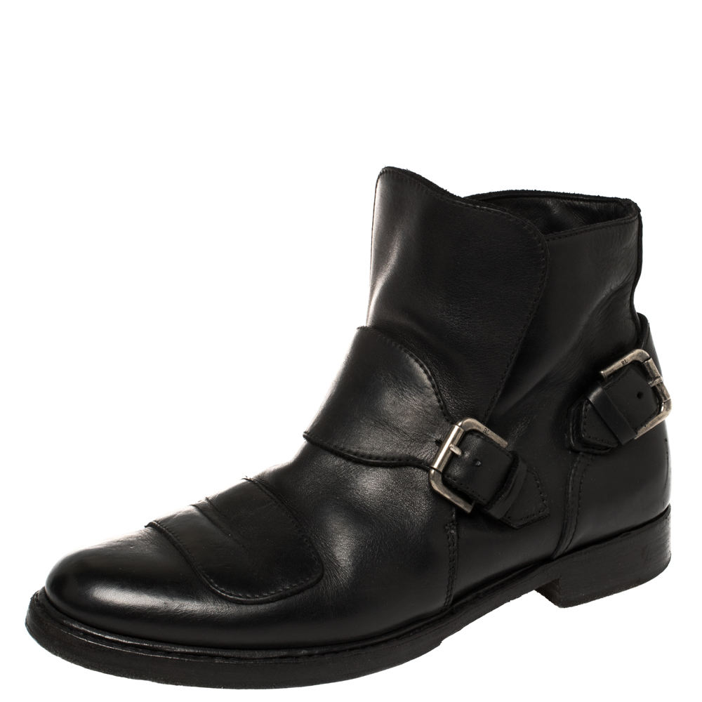 Ralph Lauren Black Leather Buckle Detail Ankle Boots Size 43