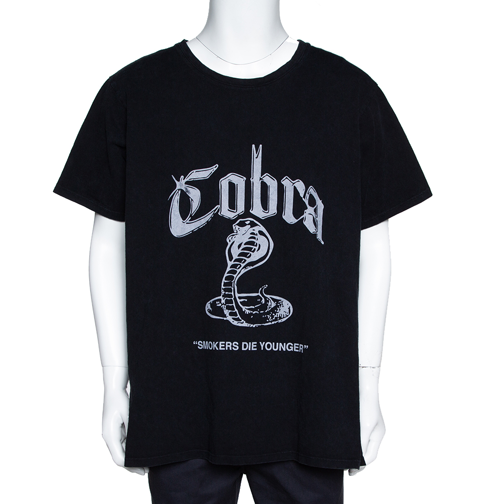 Image of Rhude Black Vintage Wash Cotton Cobra Print Crew Neck T-Shirt XL
