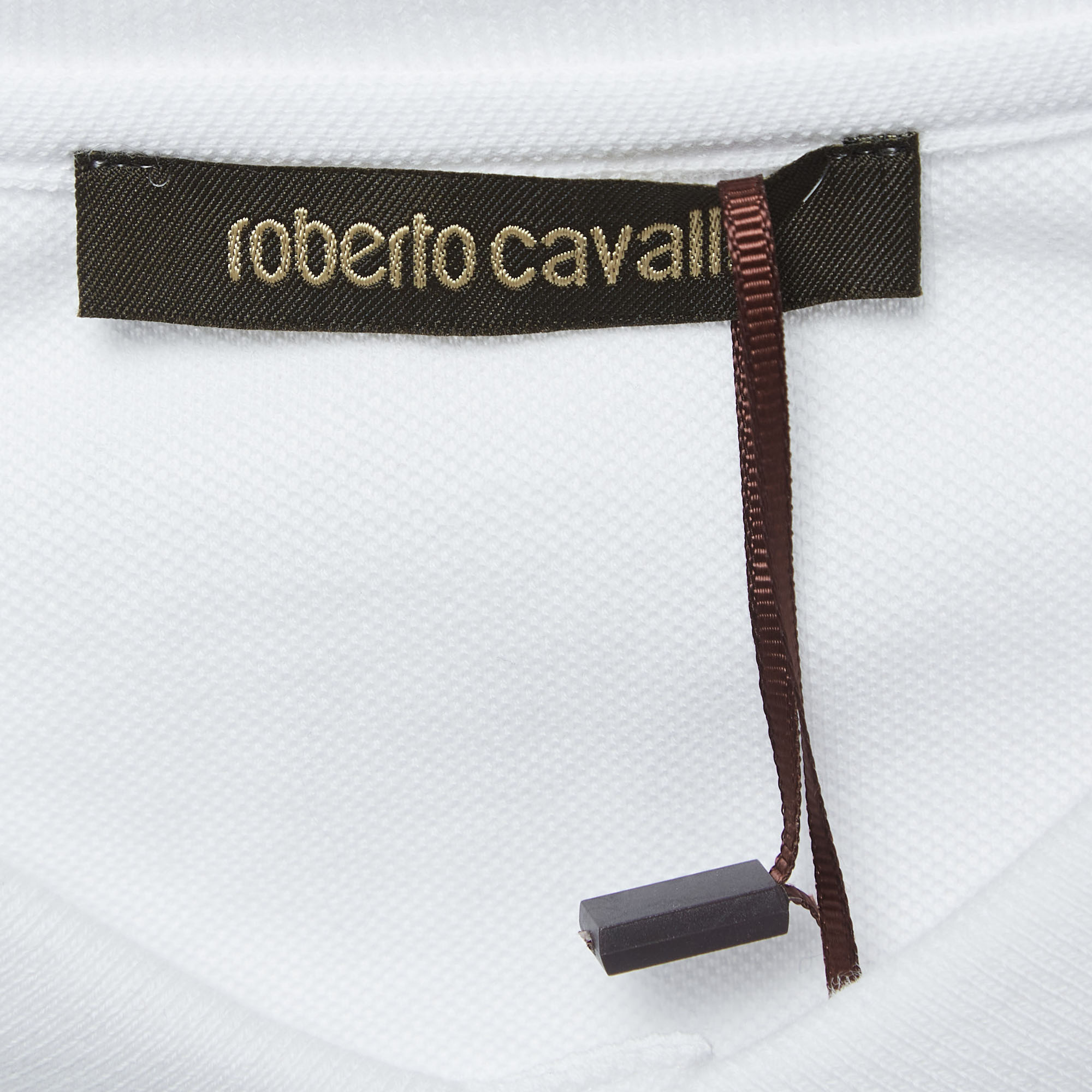 Roberto Cavalli White Logo Embroidered Cotton Pique Polo T-Shirt L