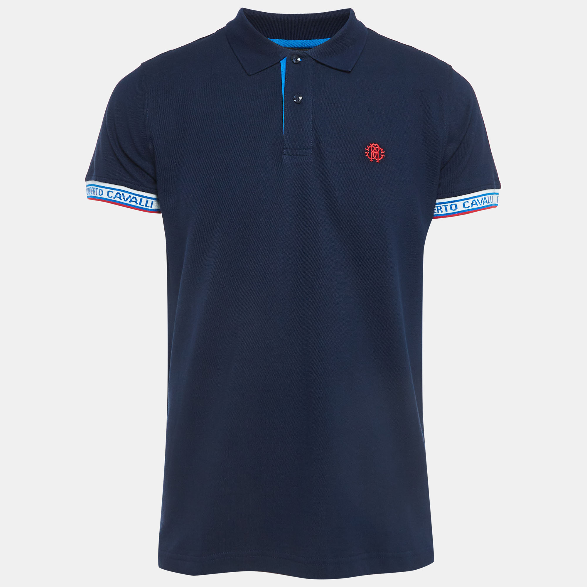 Roberto Cavalli Navy Blue Logo Detailed Sleeve Polo T-Shirt L