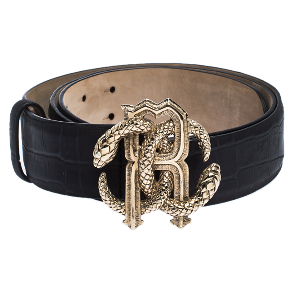 

Roberto Cavalli Black Croc Embossed Leather Logo Buckle Belt