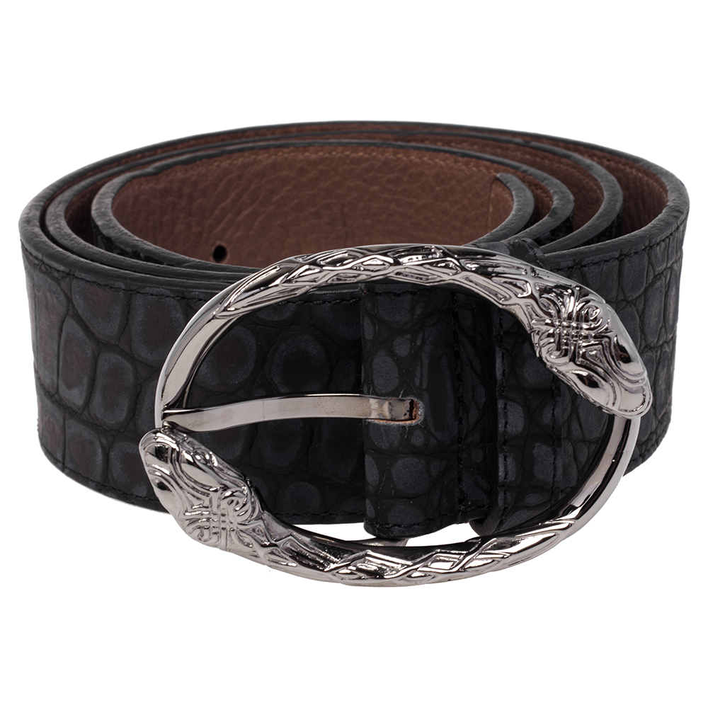 

Roberto Cavalli Black/Grey Croc Embossed Leather Snake Detail Belt Buckle Belt