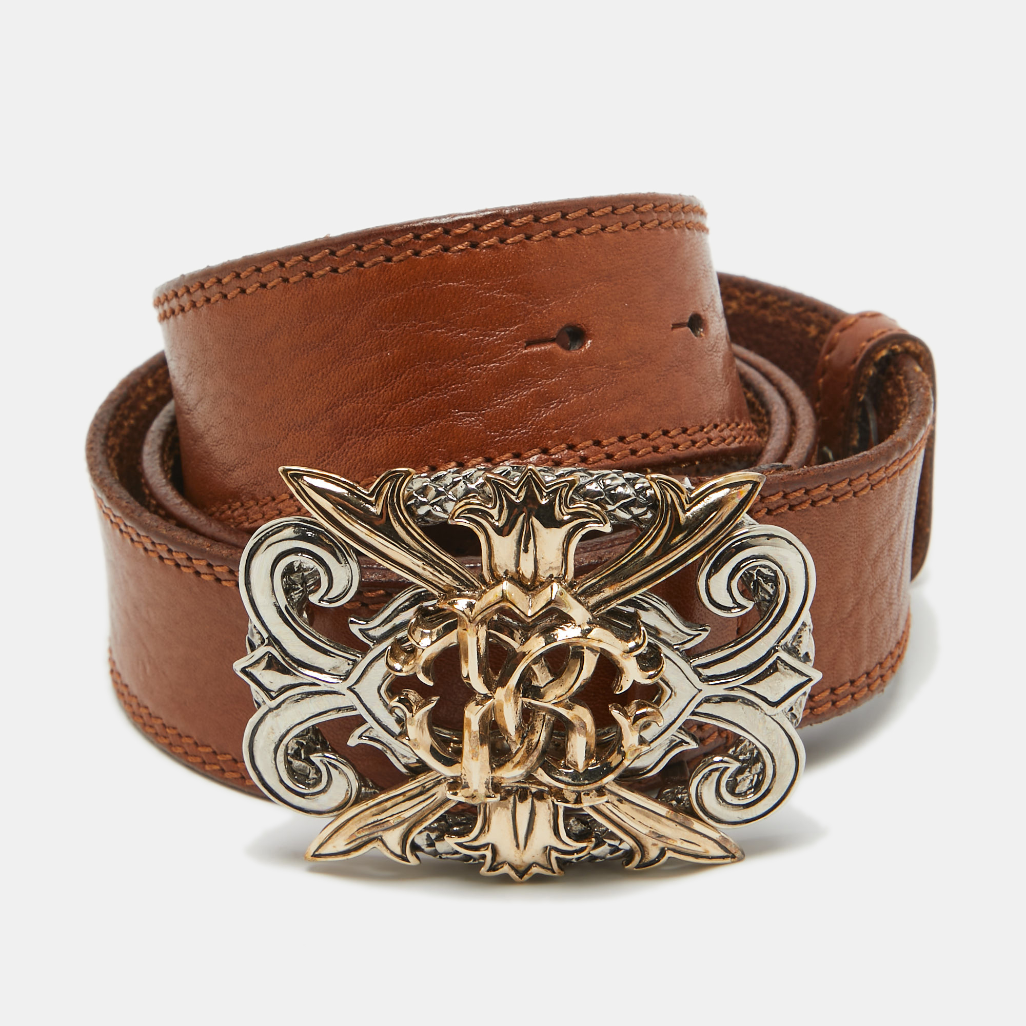 Roberto cavalli brown leather rc metal buckle belt 110cm