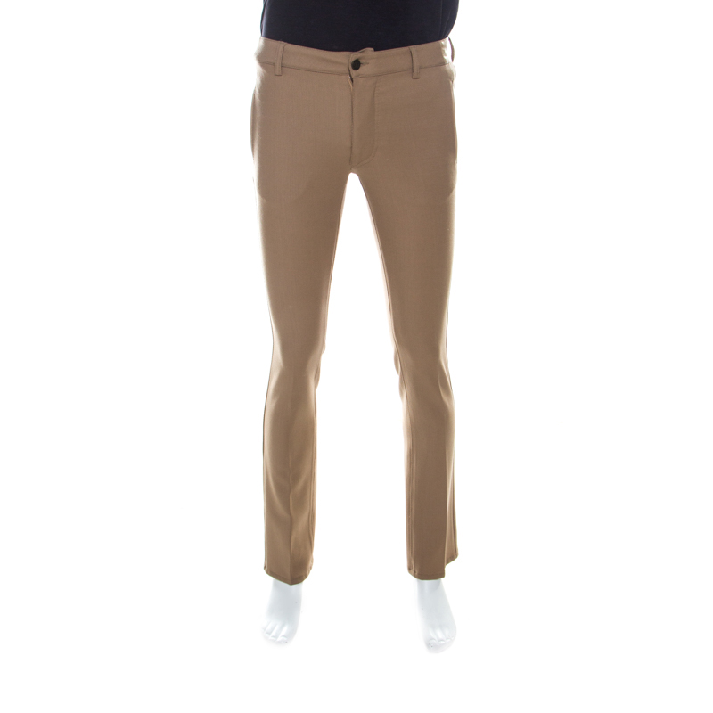 Image of Class by Roberto Cavalli Camel Brown Twiil Wool Leather Detail Tapered Trousers L