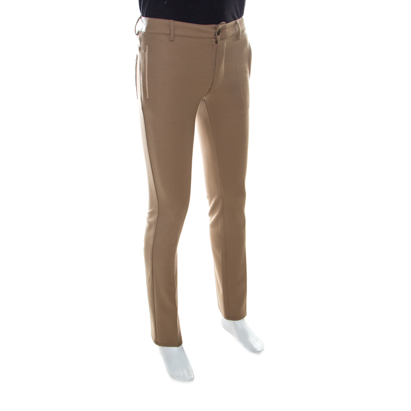 

Class by Roberto Cavalli Camel Brown Twiil Wool Leather Detail Tapered Trousers