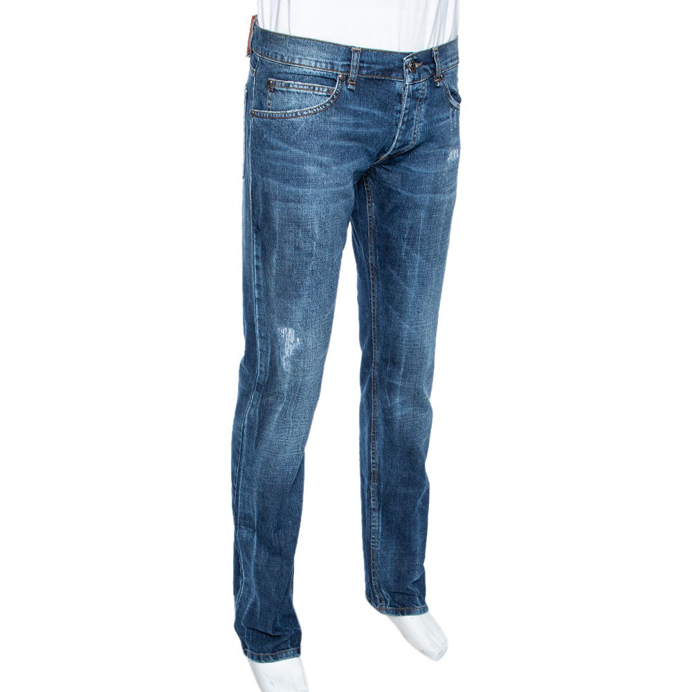 

Roberto Cavalli Blue Medium Wash Distressed Denim Straight Fit Jeans