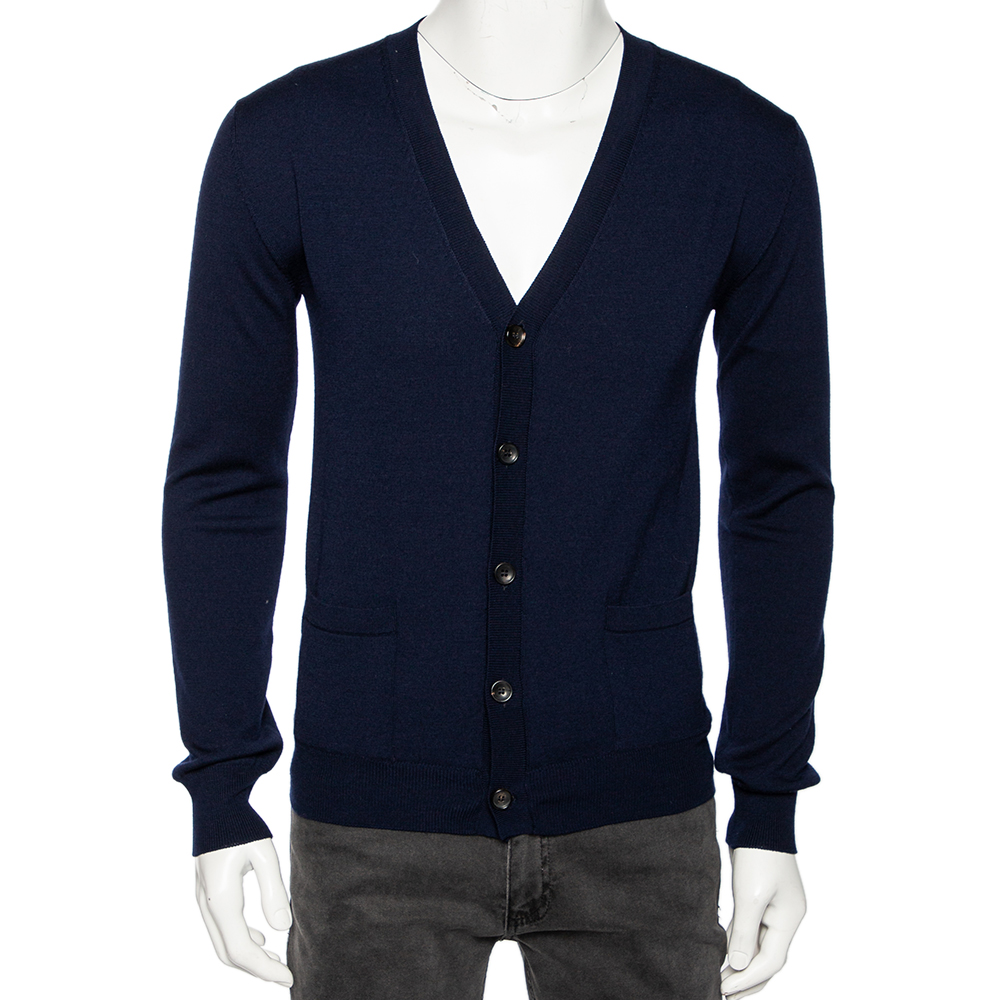 

Roberto Cavalli Navy Blue Knit Pocketed Button Front Cardigan