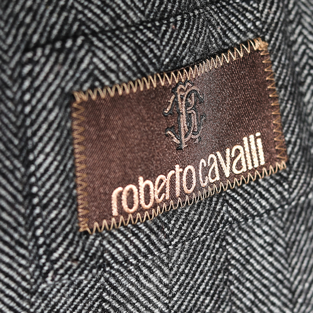 Roberto Cavalli Grey Wool Herringbone Double Breasted Coat XL
