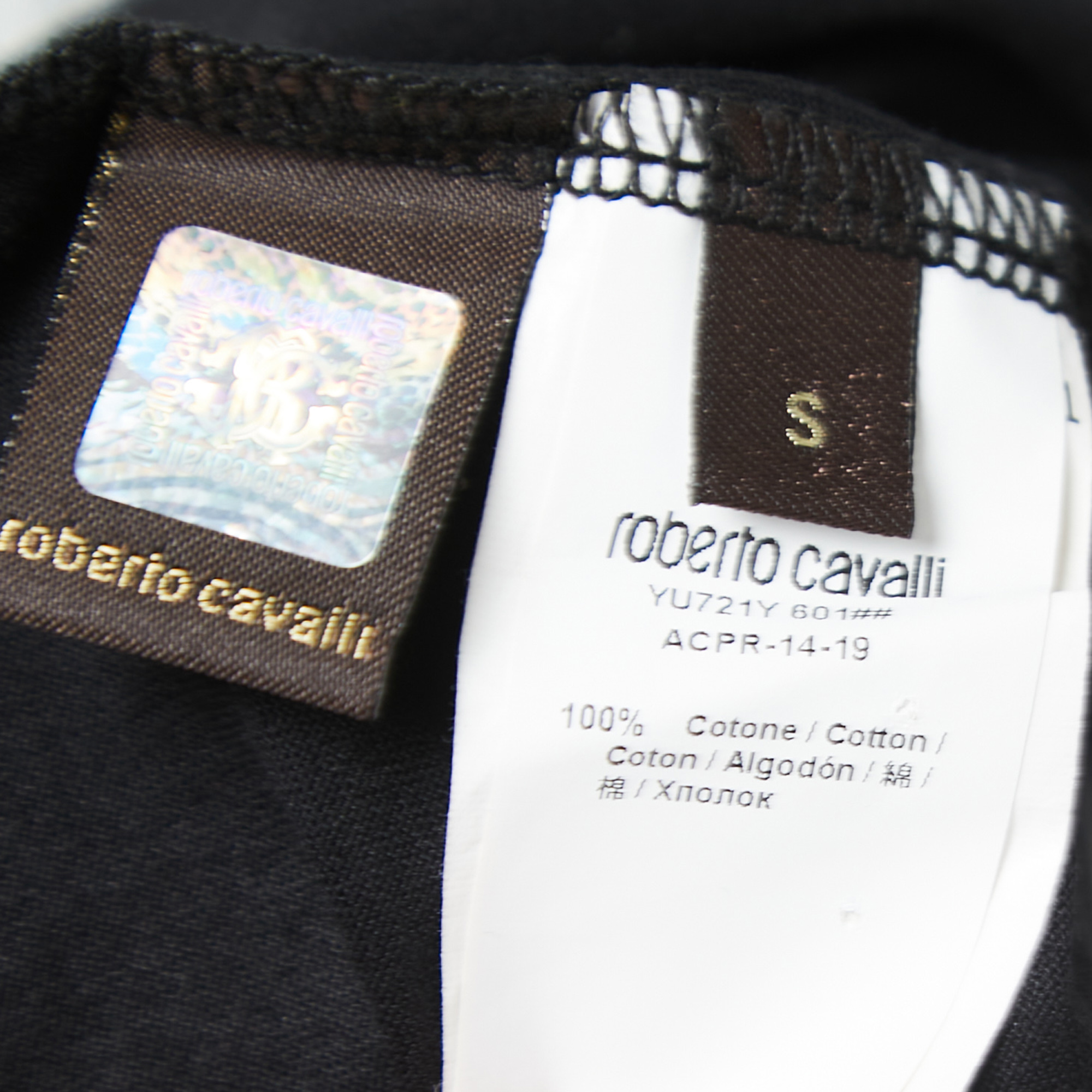 Roberto Cavalli Black Printed Cotton Full Sleeve T-Shirt S