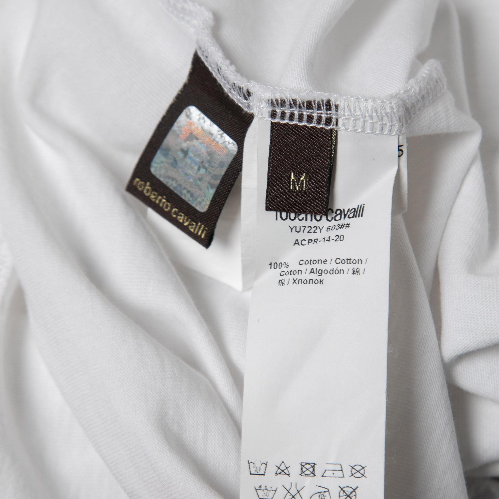 Roberto Cavalli White Printed Cotton Crew Neck Full Sleeve T-Shirt M