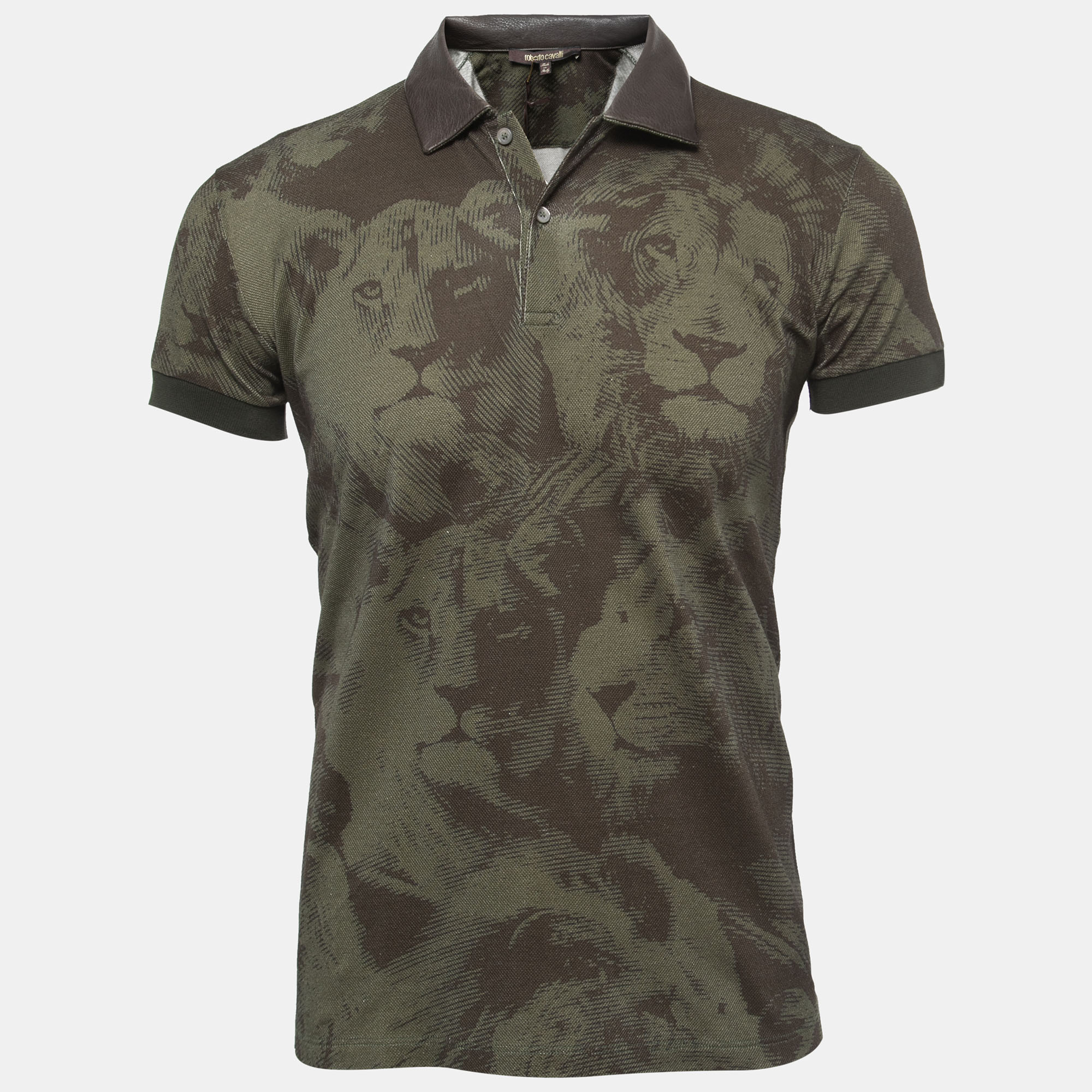 Roberto Cavalli Military Green Lion Print Cotton Leather Trimmed Polo T-Shirt S