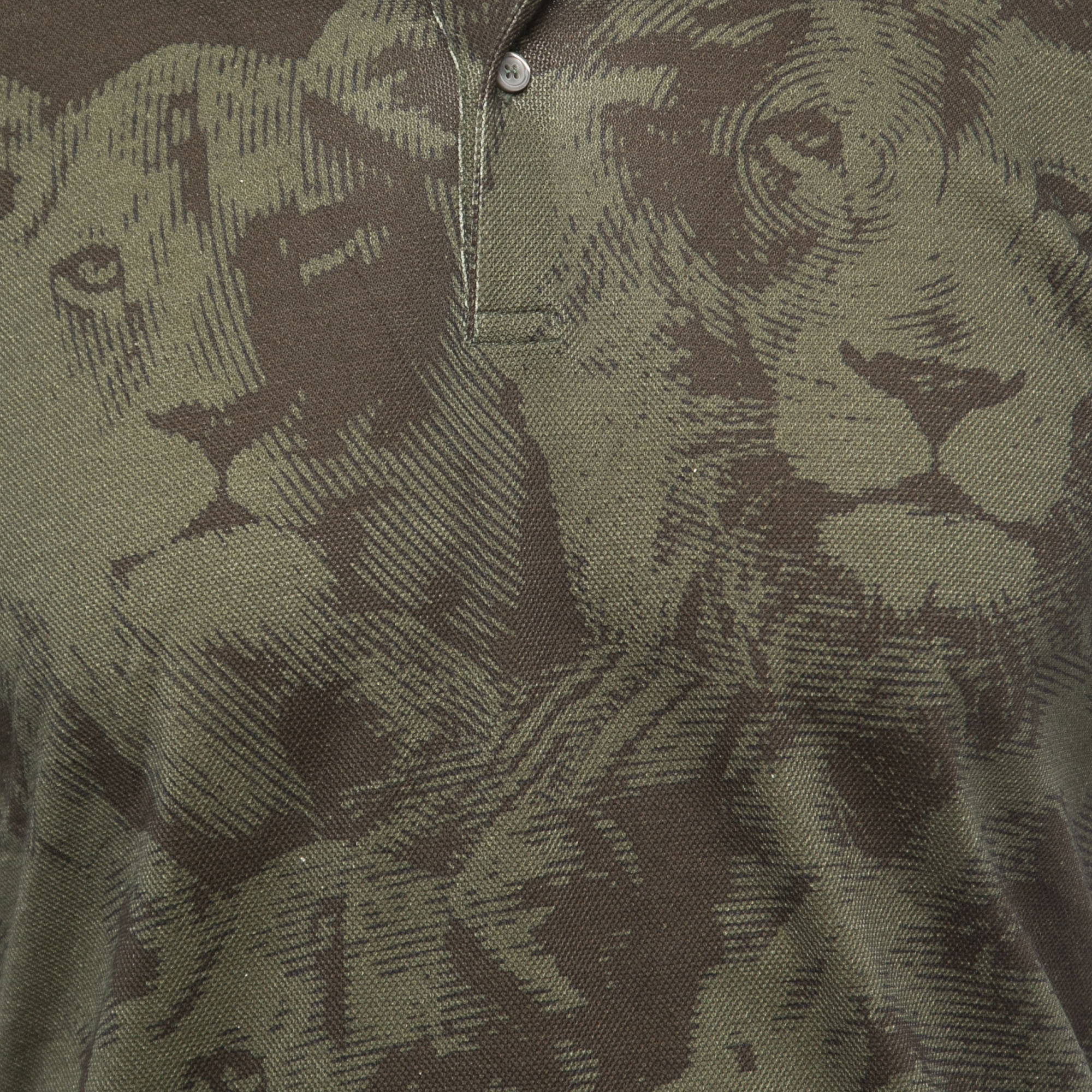 Roberto Cavalli Military Green Lion Print Cotton Leather Trimmed Polo T-Shirt S