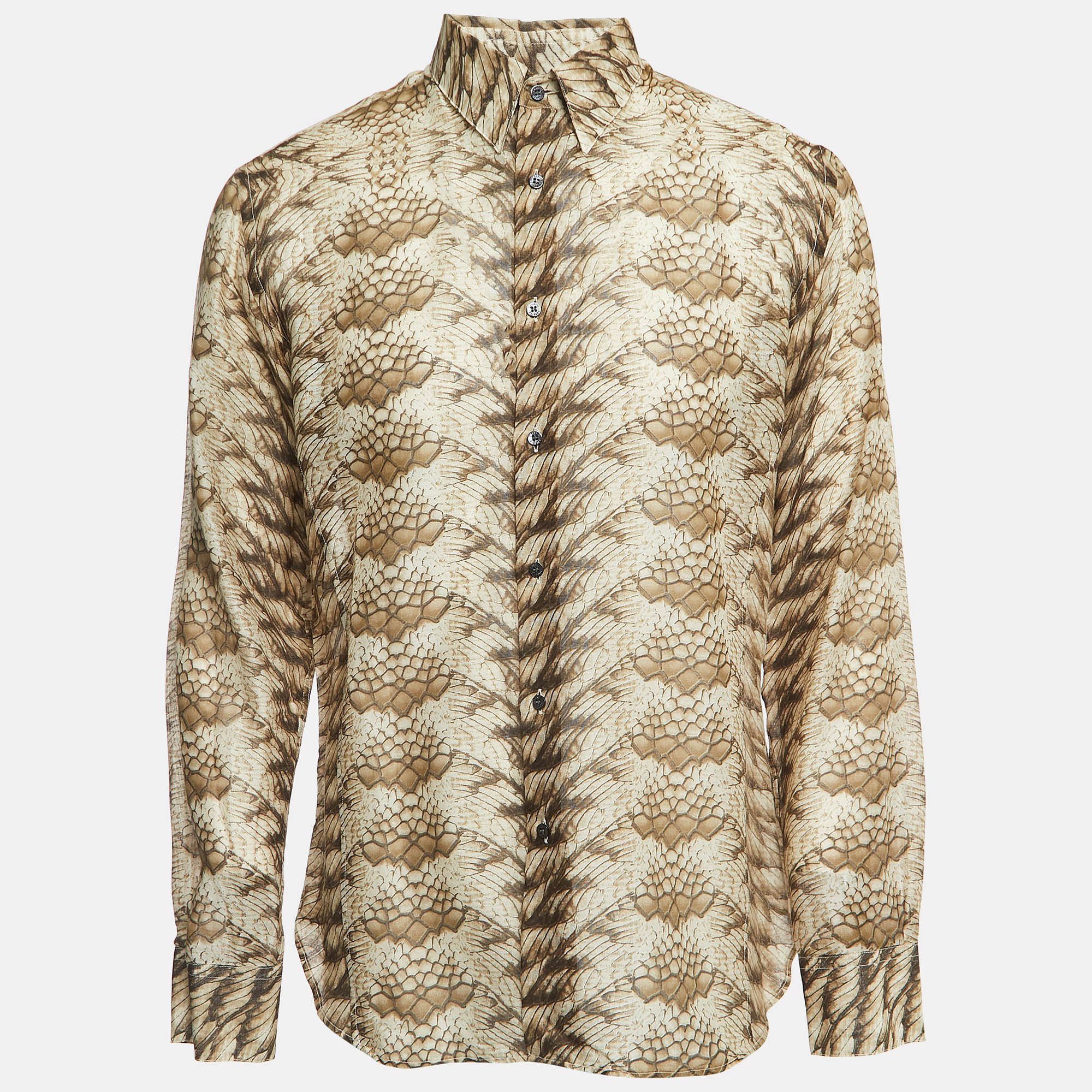 Roberto Cavalli Beige Snake Print Cotton Button Front Full Sleeve Shirt XL