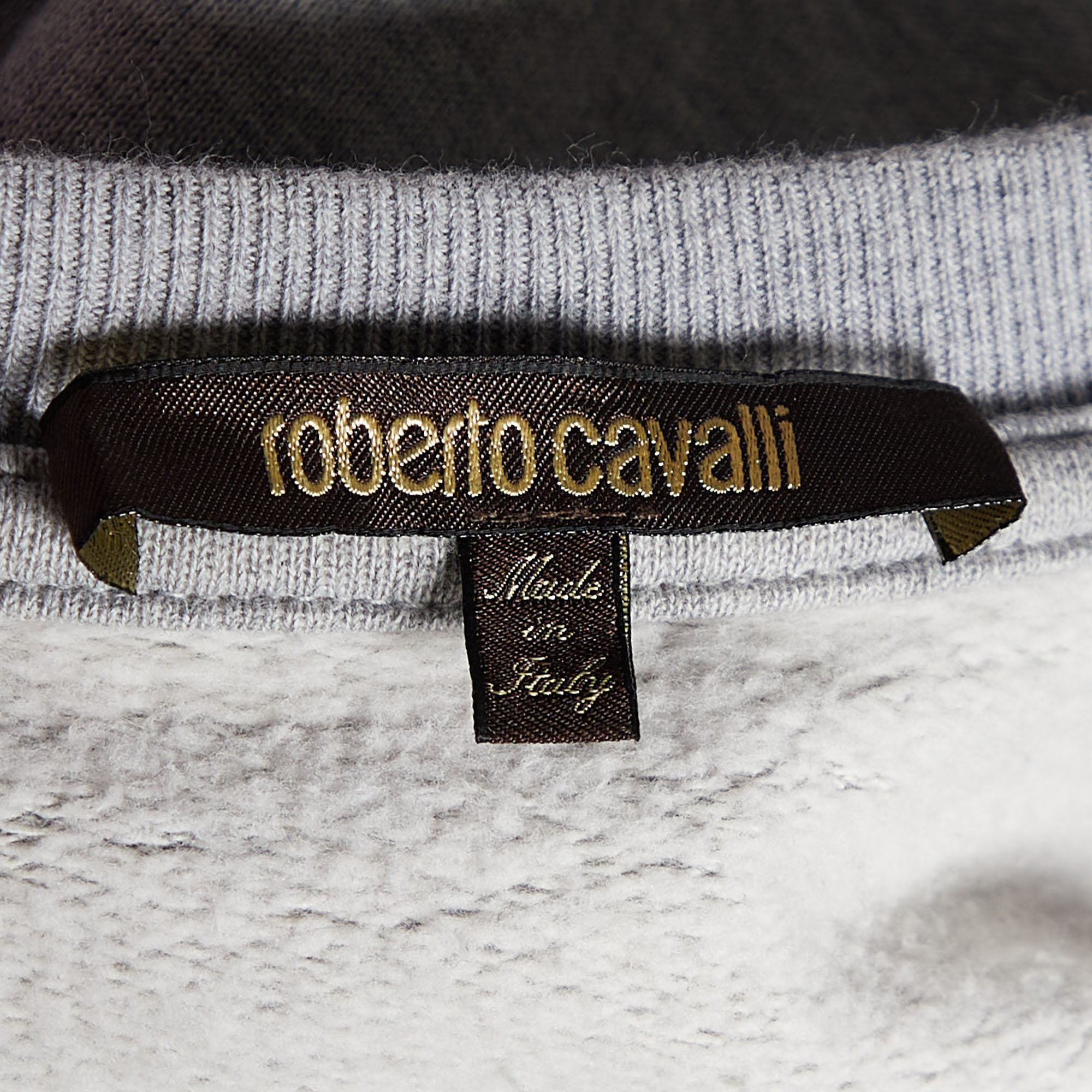 Roberto Cavalli Grey Painted Cotton Knit Crewneck Sweatshirt S