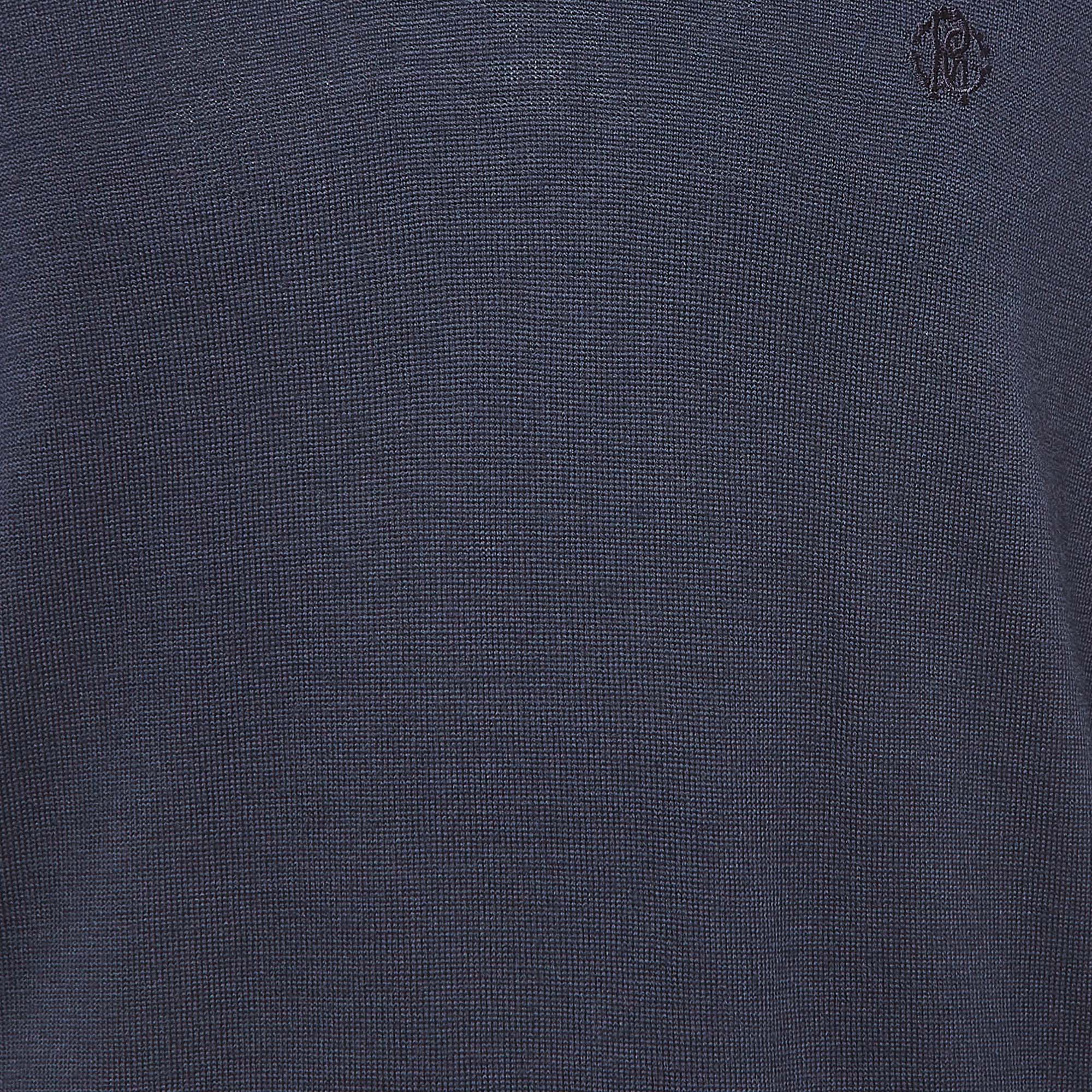 Roberto Cavalli Navy Blue Wool Knit V-Neck Sweatshirt XL