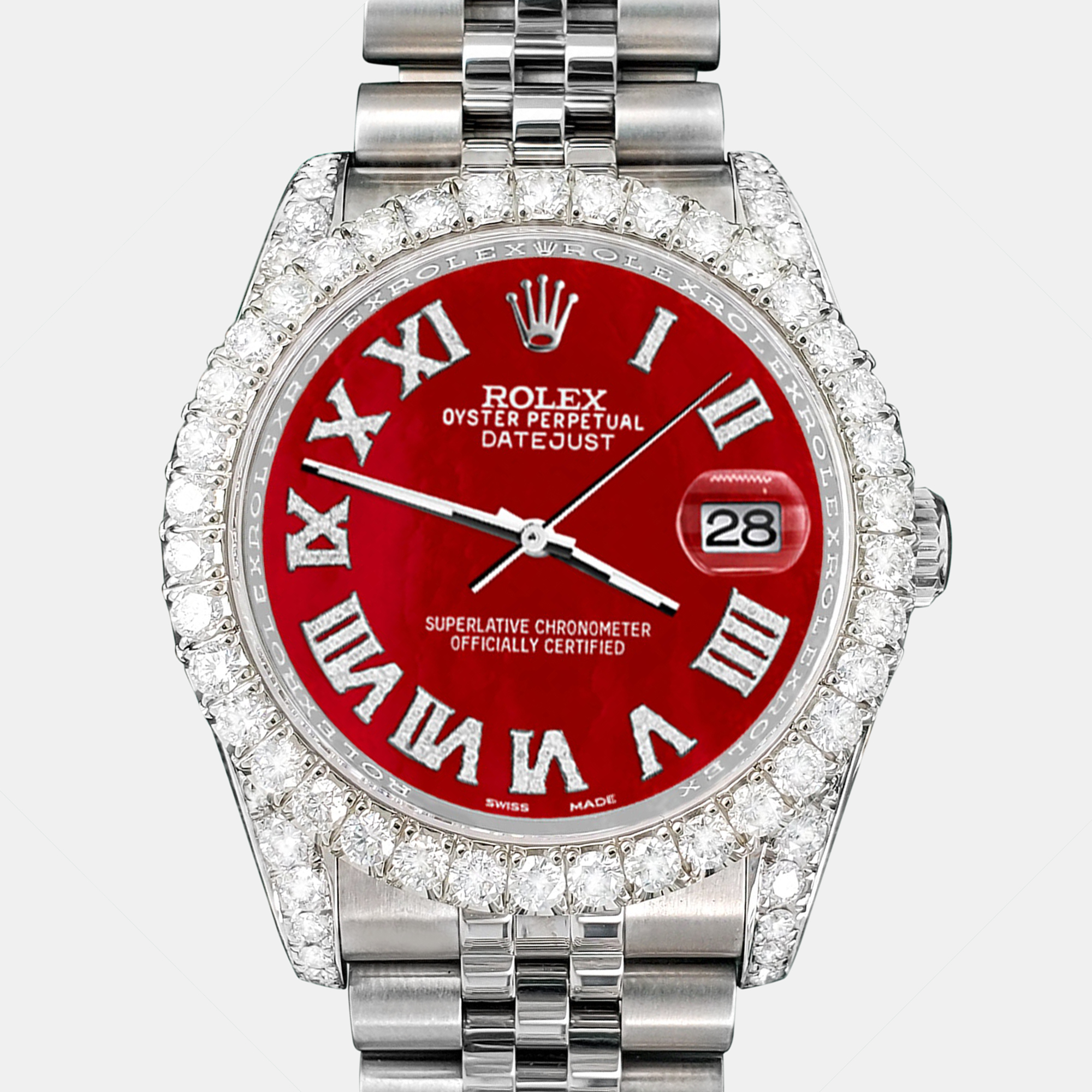 Rolex Custom Red MOP 4.2CT Diamond Stainless Steel Datejust 116200 Automatic Men's Wristwatch 36 mm
Rolex Custom Red MOP 4.2CT Diamond Stainless Steel Datejust 116200 Automatic Men's Wristwatch 36 mm