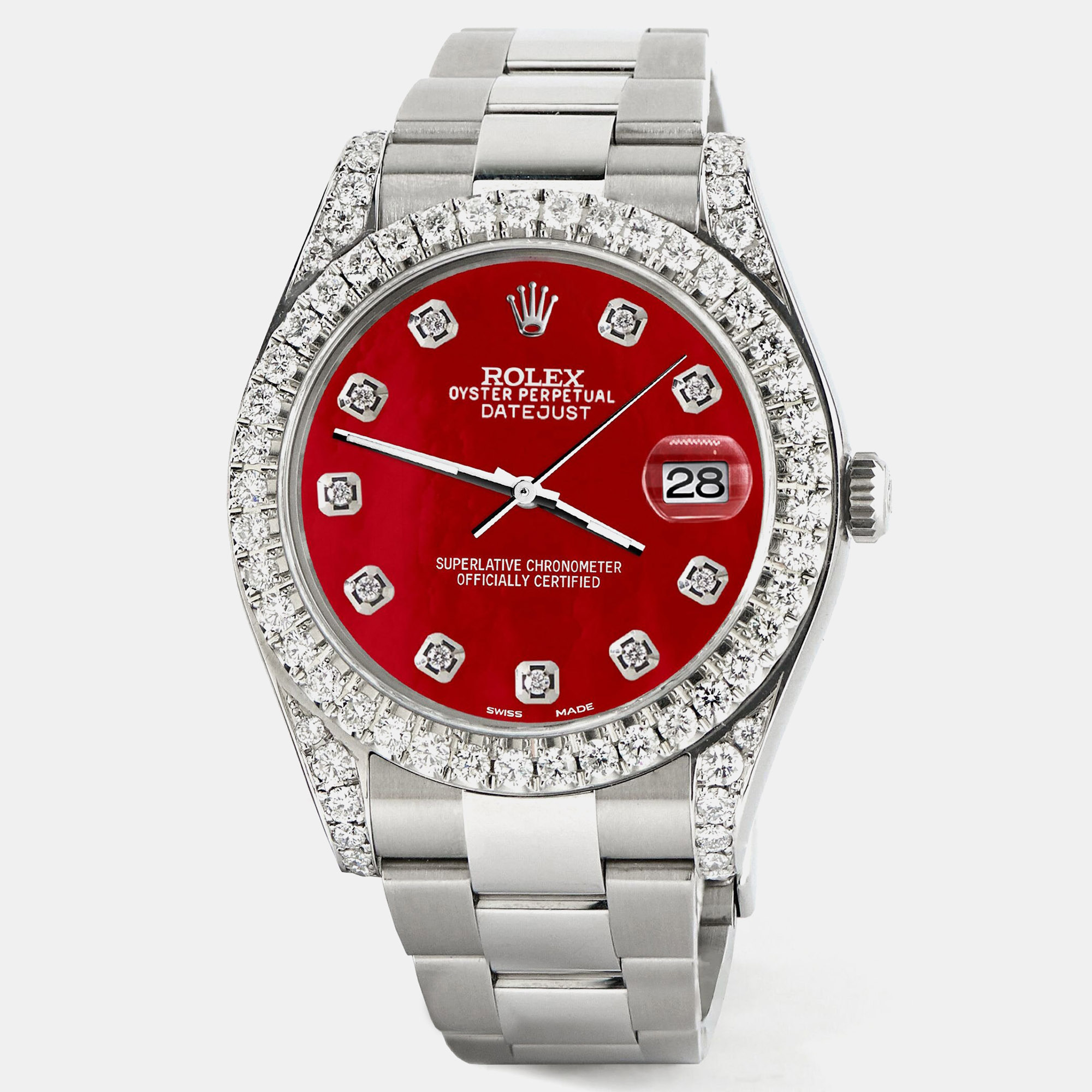 Rolex Custom Red MOP 4.4CT Diamond Stainless Steel Datejust 126300 Automatic Men's Wristwatch 41 mm
Rolex Custom Red MOP 4.4CT Diamond Stainless Steel Datejust 126300 Automatic Men's Wristwatch 41 mm
