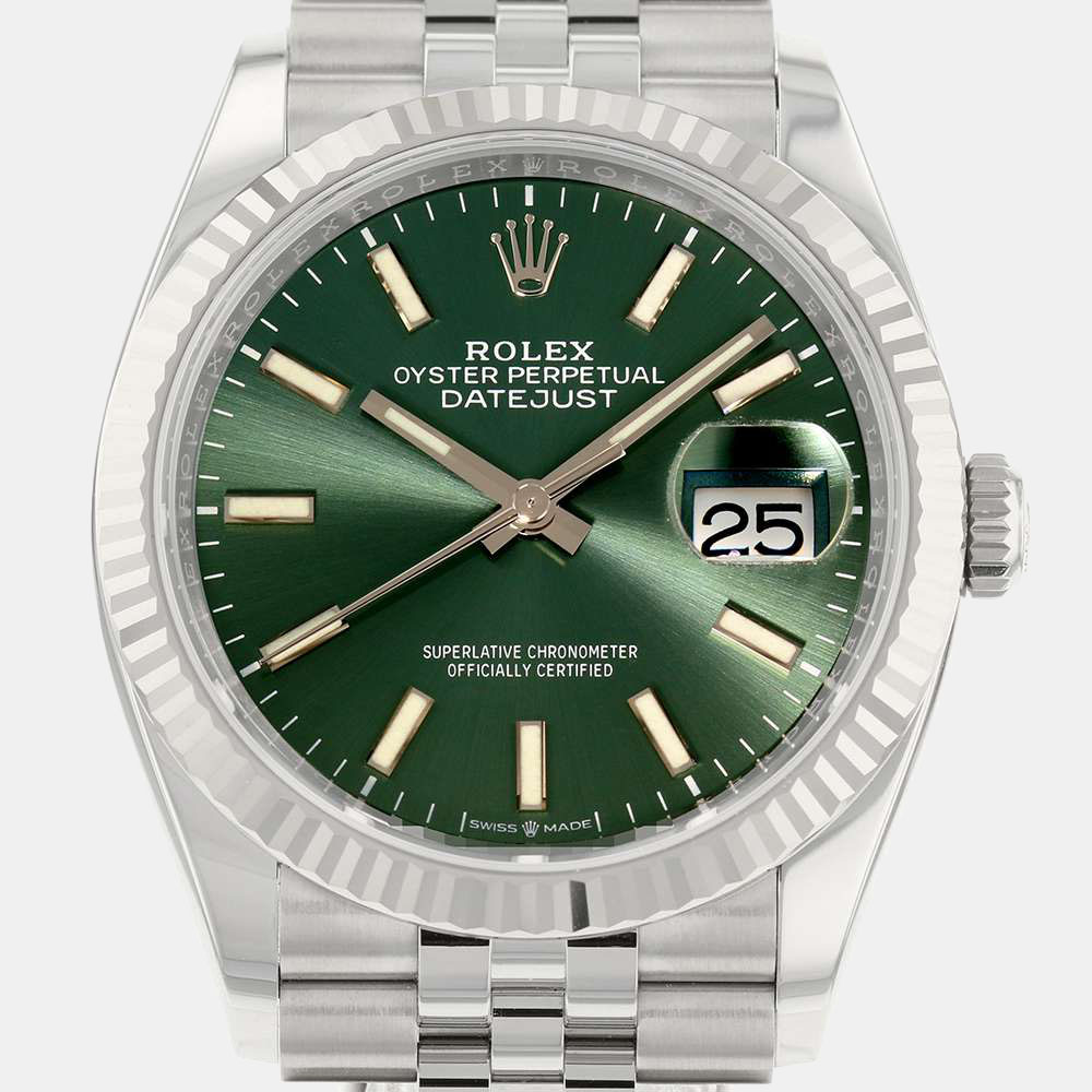 Rolex green 18k white gold stainless steel datejust 126234 men's wristwatch 36 mm