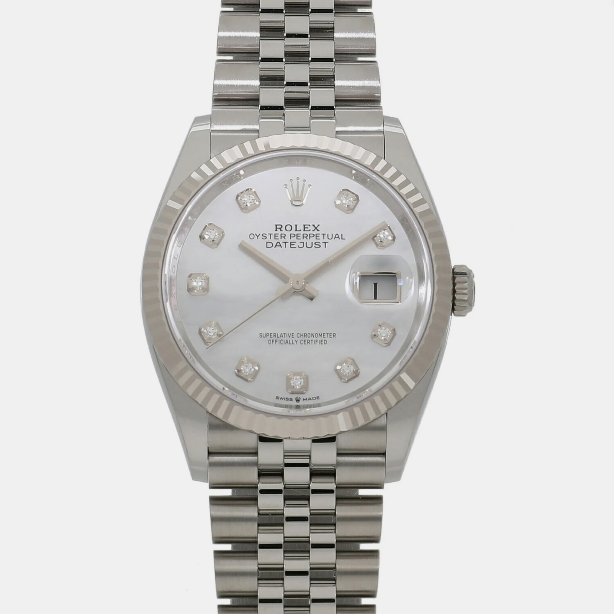 Rolex White Shell 18k White Gold And Stainless Steel Datejust 126234 Automatic Men's Wristwatch 36 Mm