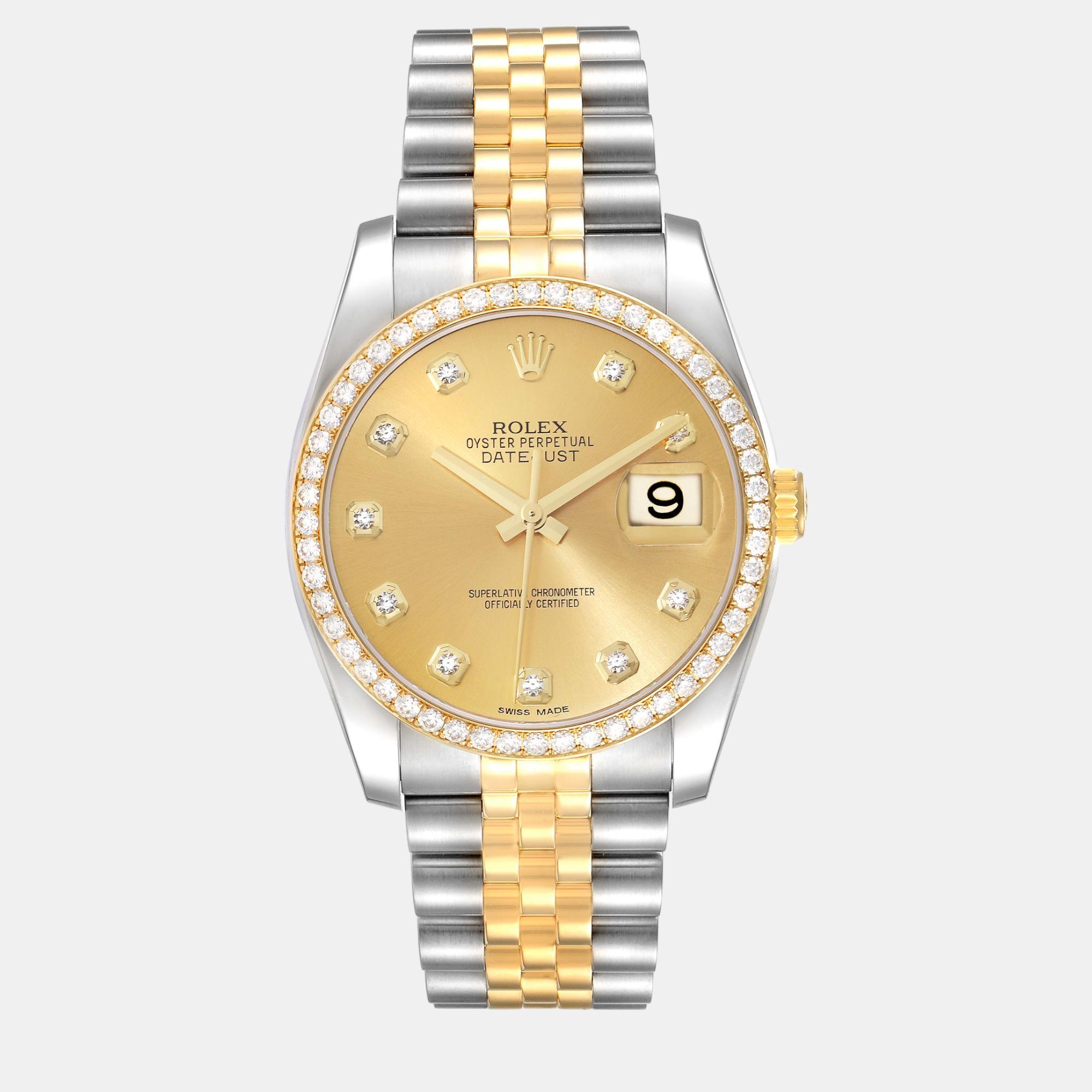 Rolex datejust champagne dial steel yellow gold diamond men's watch 116243 36 mm