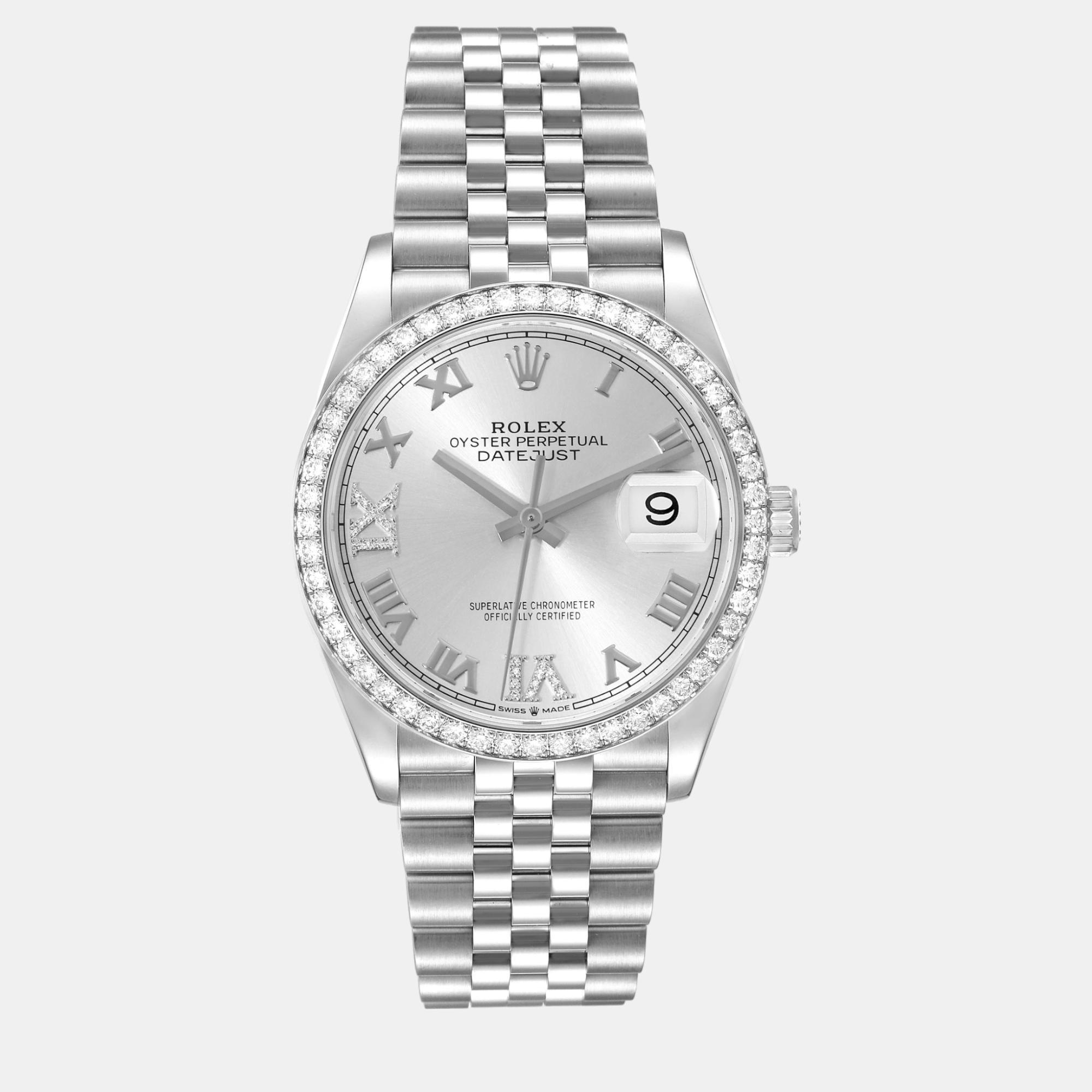Rolex datejust silver diamond dial steel mens watch 126284 36 mm