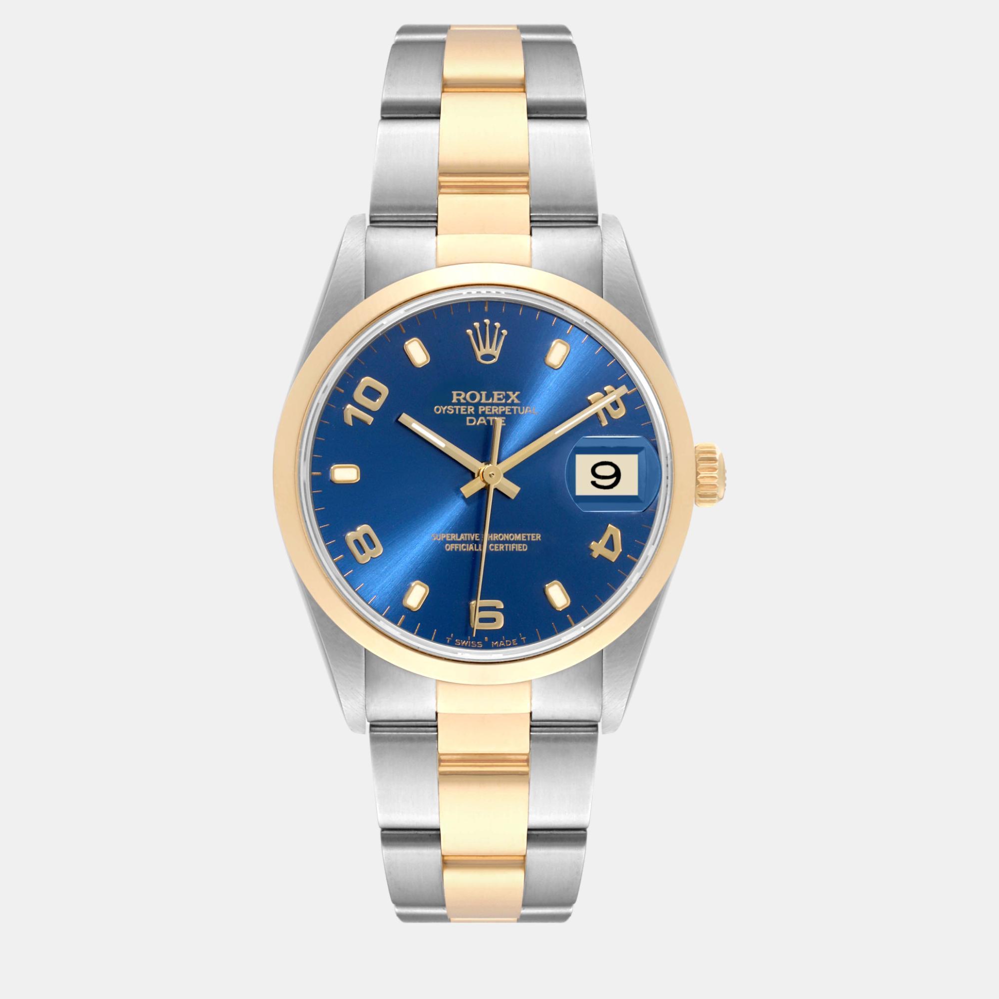 Rolex date mens steel 18k yellow gold blue dial mens watch 15203 34 mm