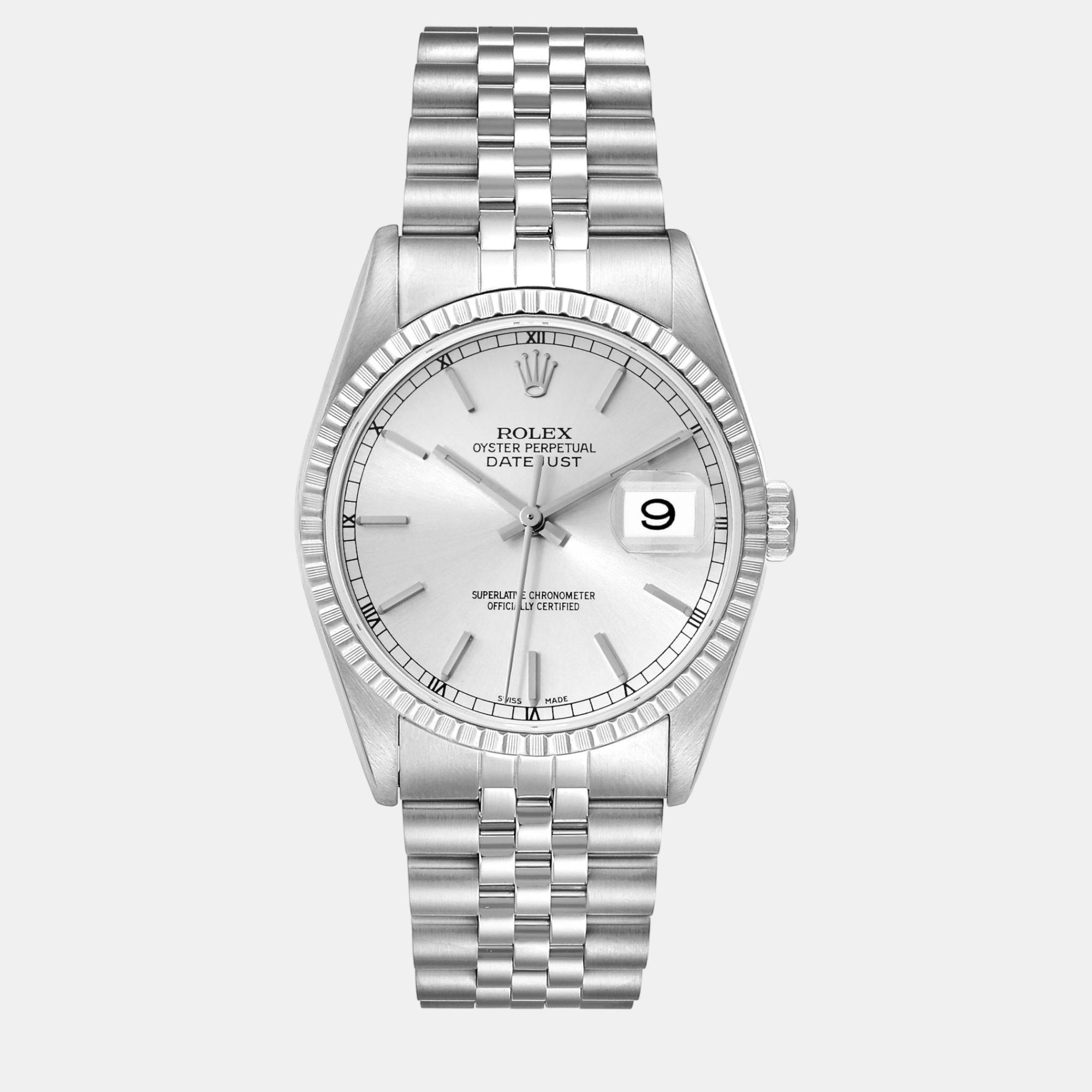 Rolex datejust silver dial engine turned bezel steel mens watch 16220 36 mm