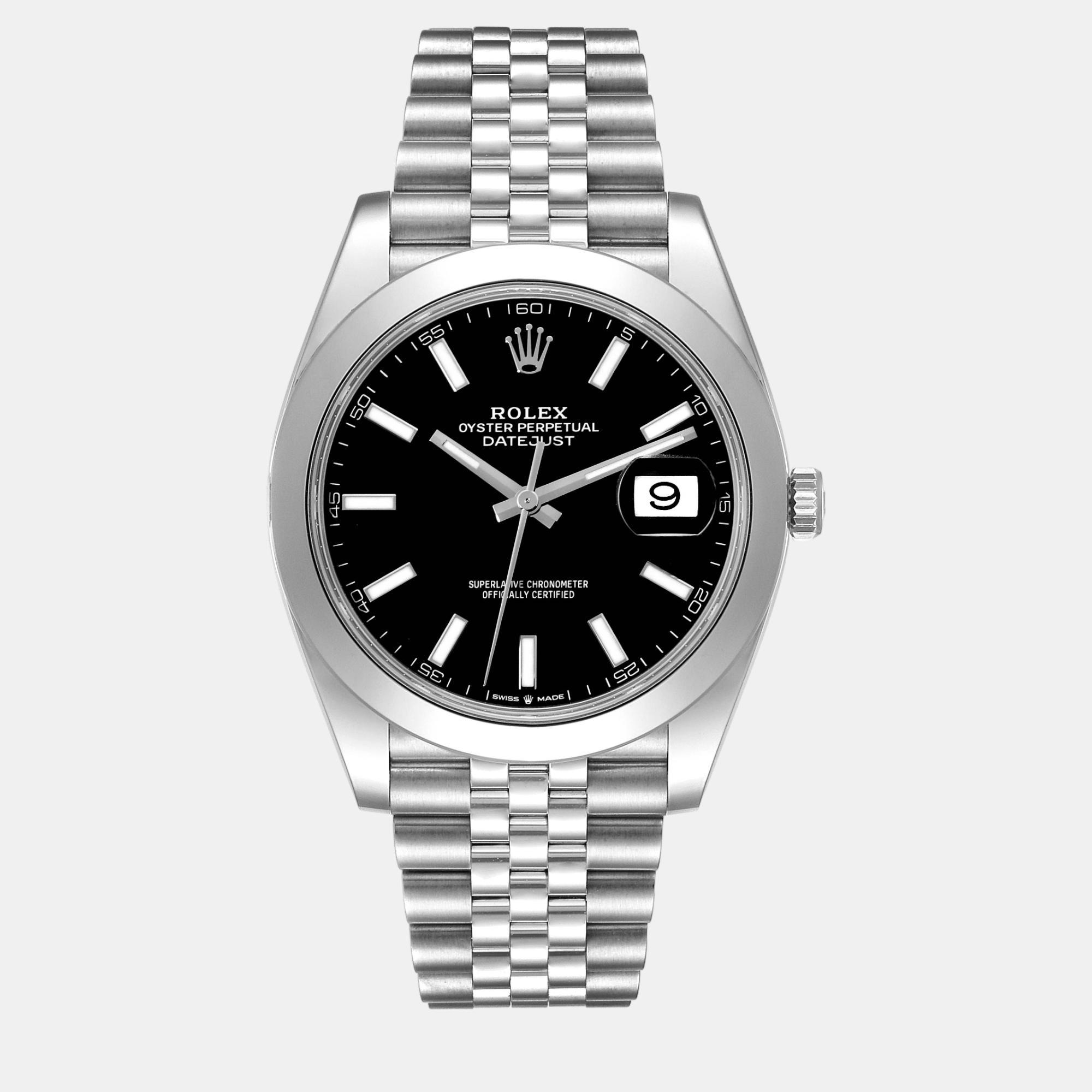 Rolex datejust 41 black dial steel smooth bezel mens watch 126300