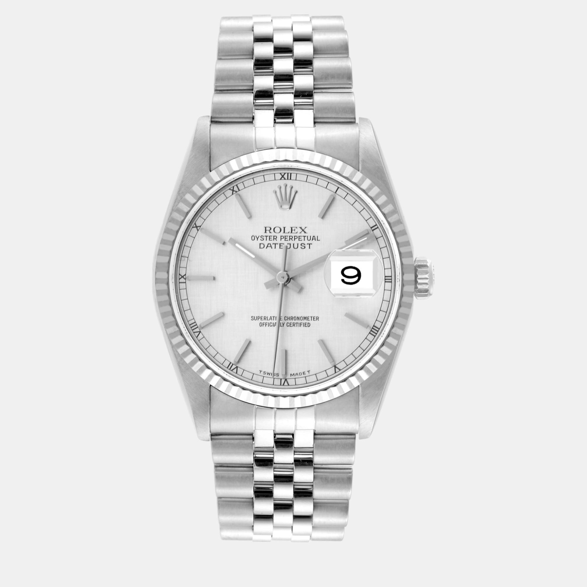 Rolex datejust 36 steel white gold silver linen dial mens watch 16234