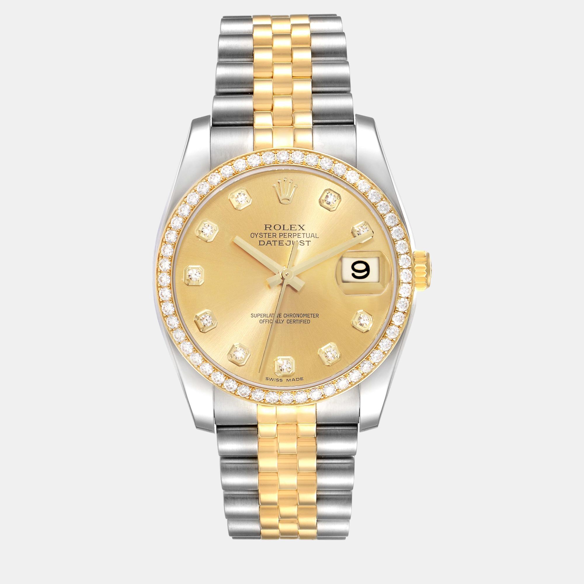 Rolex datejust champagne dial steel yellow gold diamond men's watch 36.0 mm