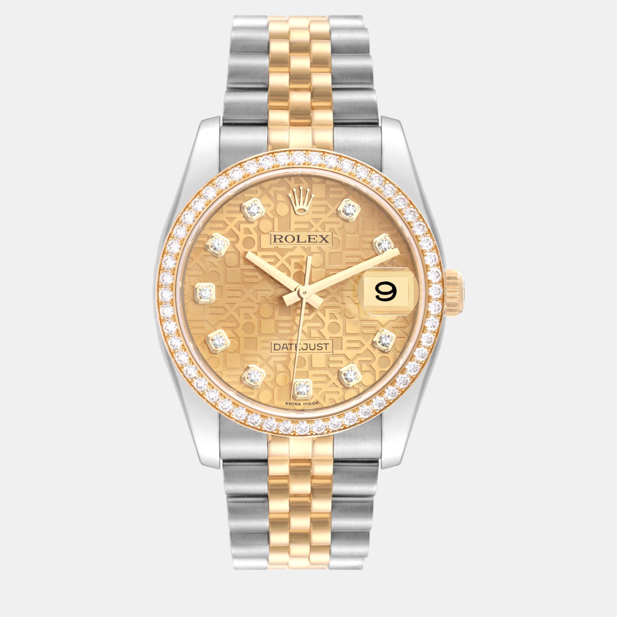 Rolex datejust champagne dial steel yellow gold diamond men's watch  36.0 mm