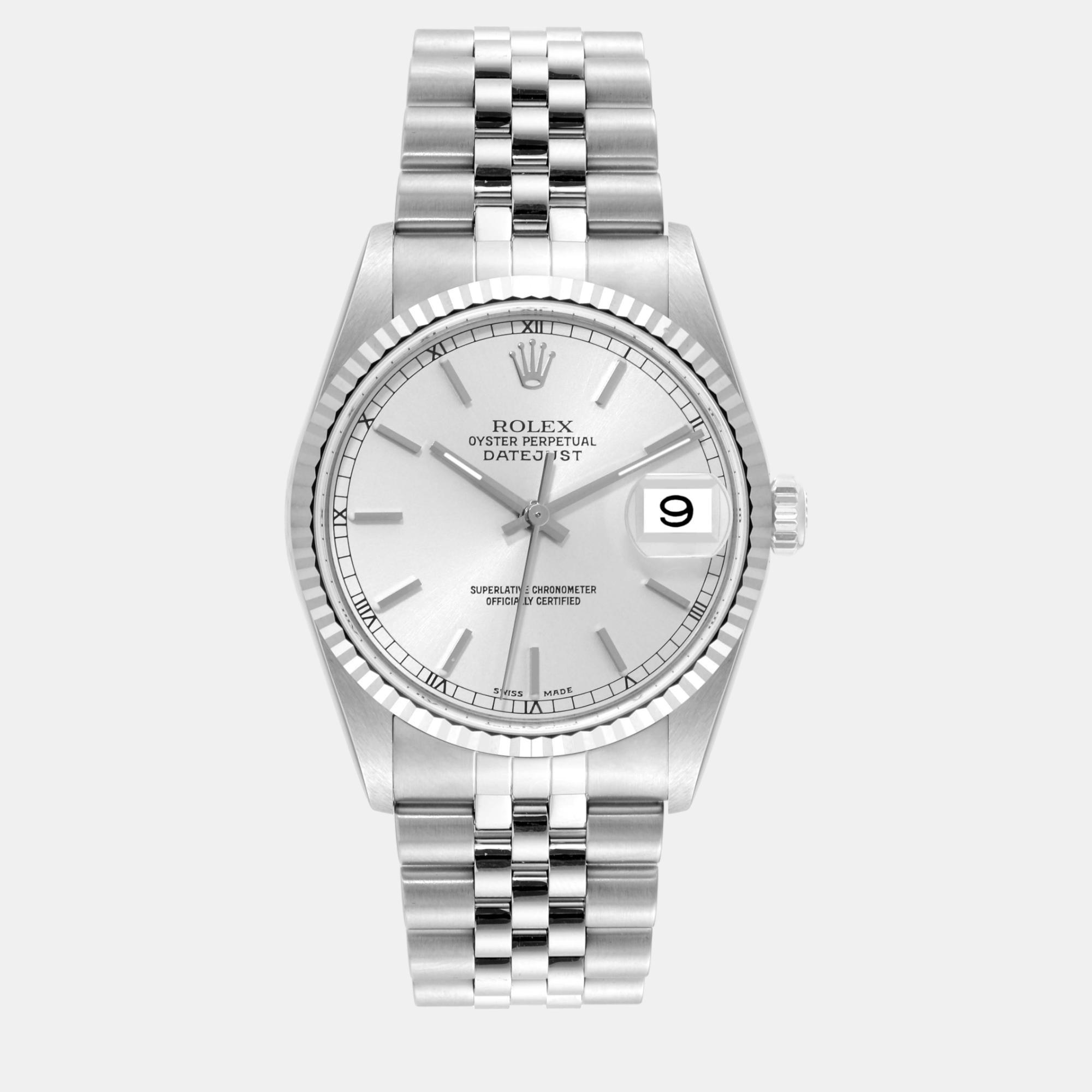 Rolex datejust silver dial steel white gold men's watch 36 mm