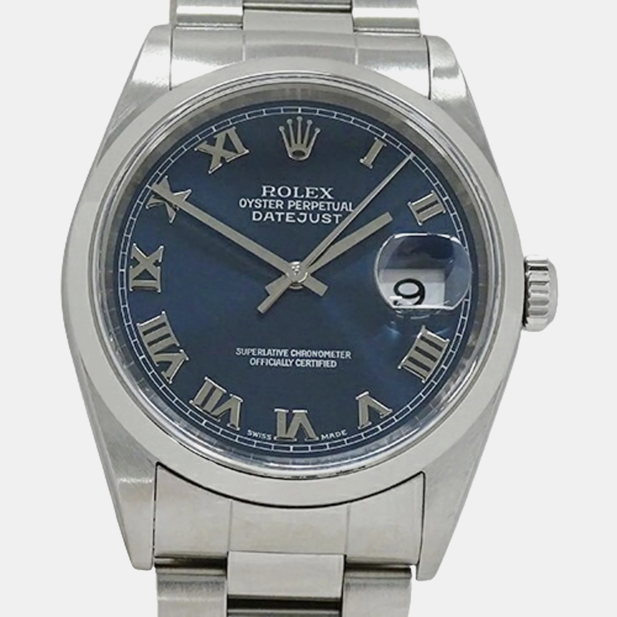 Rolex blue stainless steel datejust automatic men's wristwatch 35 mm
