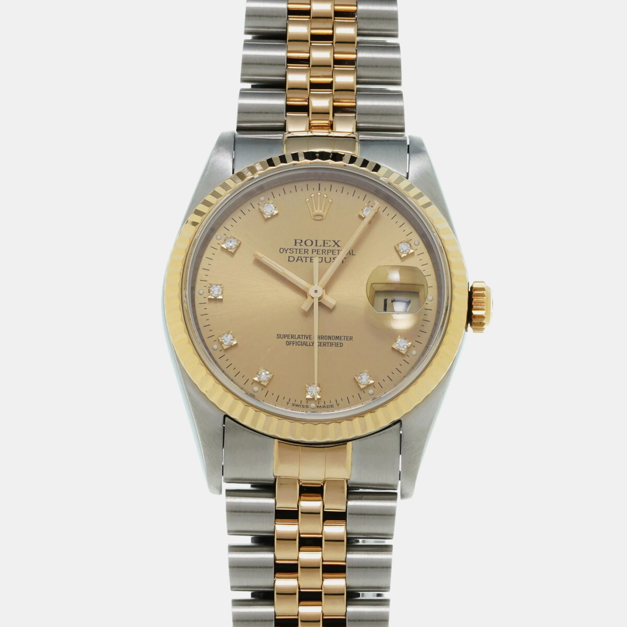 Rolex champagne diamond 18k yellow gold stainless steel datejust 16233 automatic men's wristwatch 36 mm