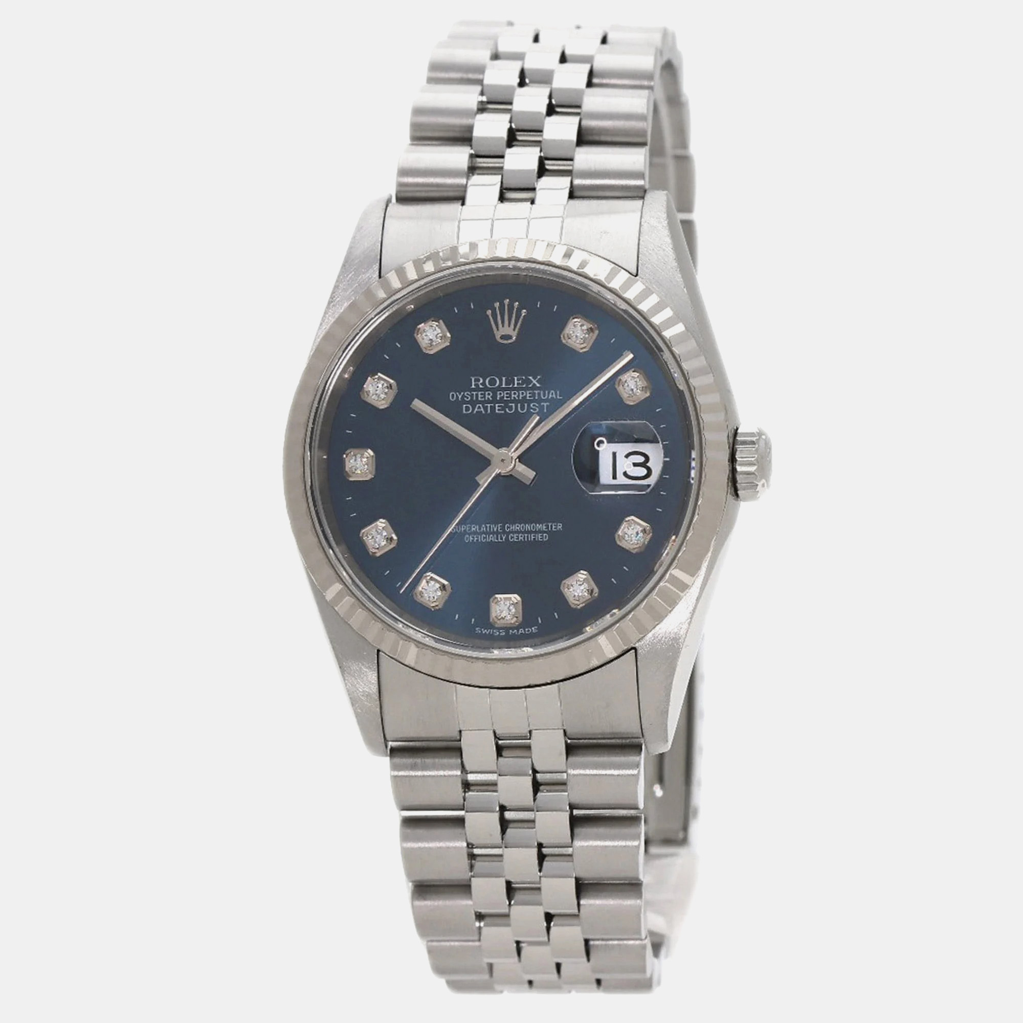 Rolex blue diamond 18k white gold stainless steel datejust 16234 automatic men's wristwatch 36 mm