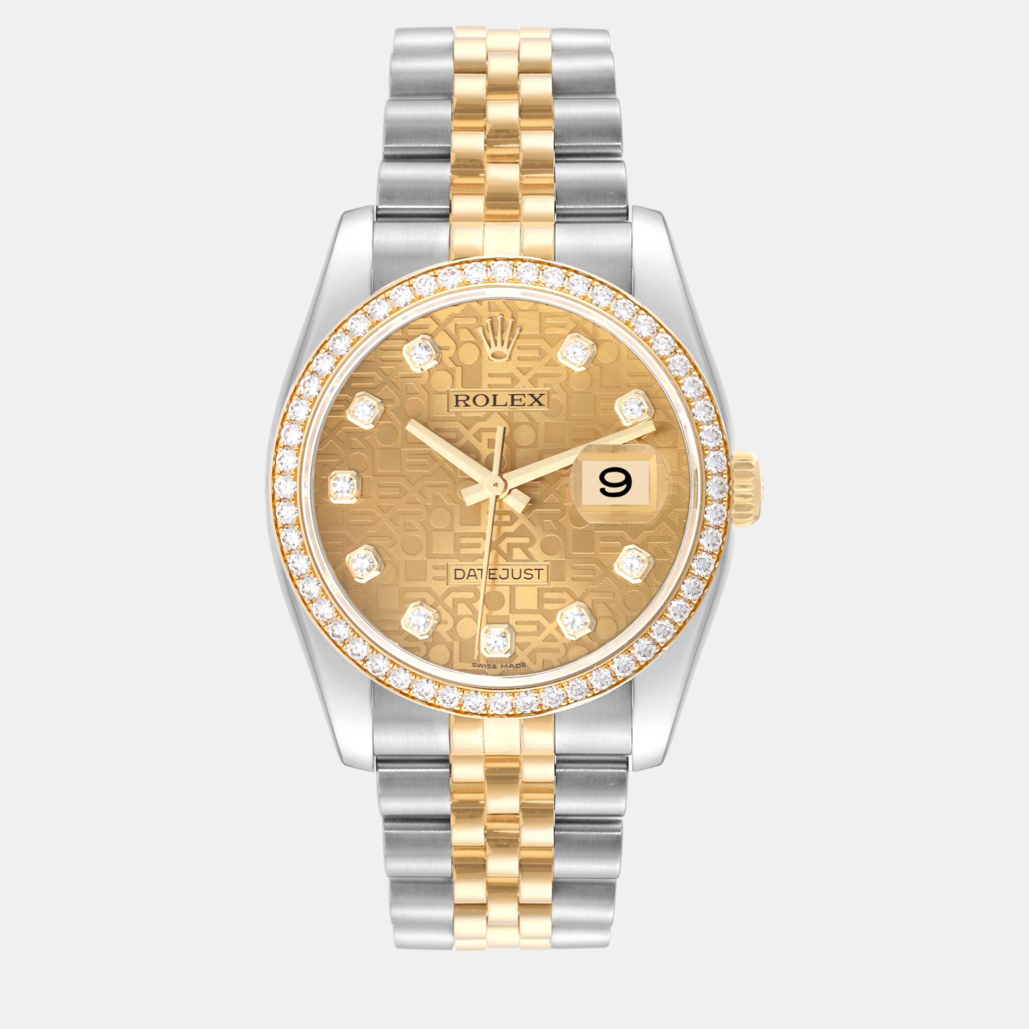 Rolex datejust champagne dial steel yellow gold diamond men's watch 36.0 mm