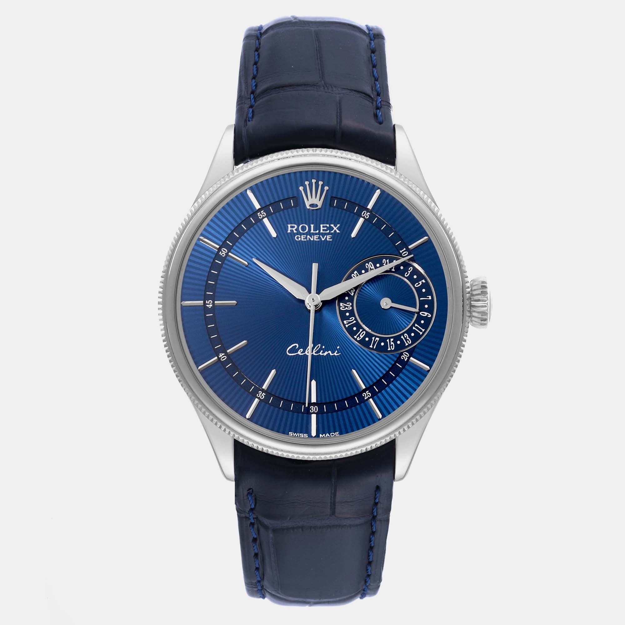 Rolex cellini date white gold blue dial men's watch 39 mm
