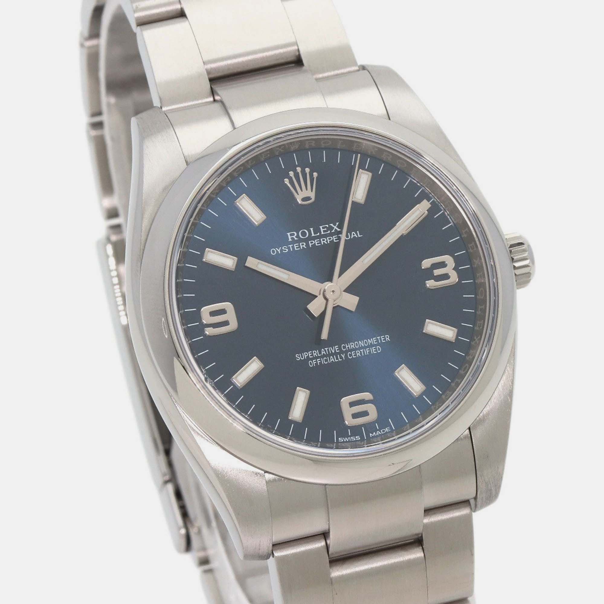 Rolex Blue Stainless Steel Oyster Perpetual 114200 Automatic Men's Wristwatch 34 Mm